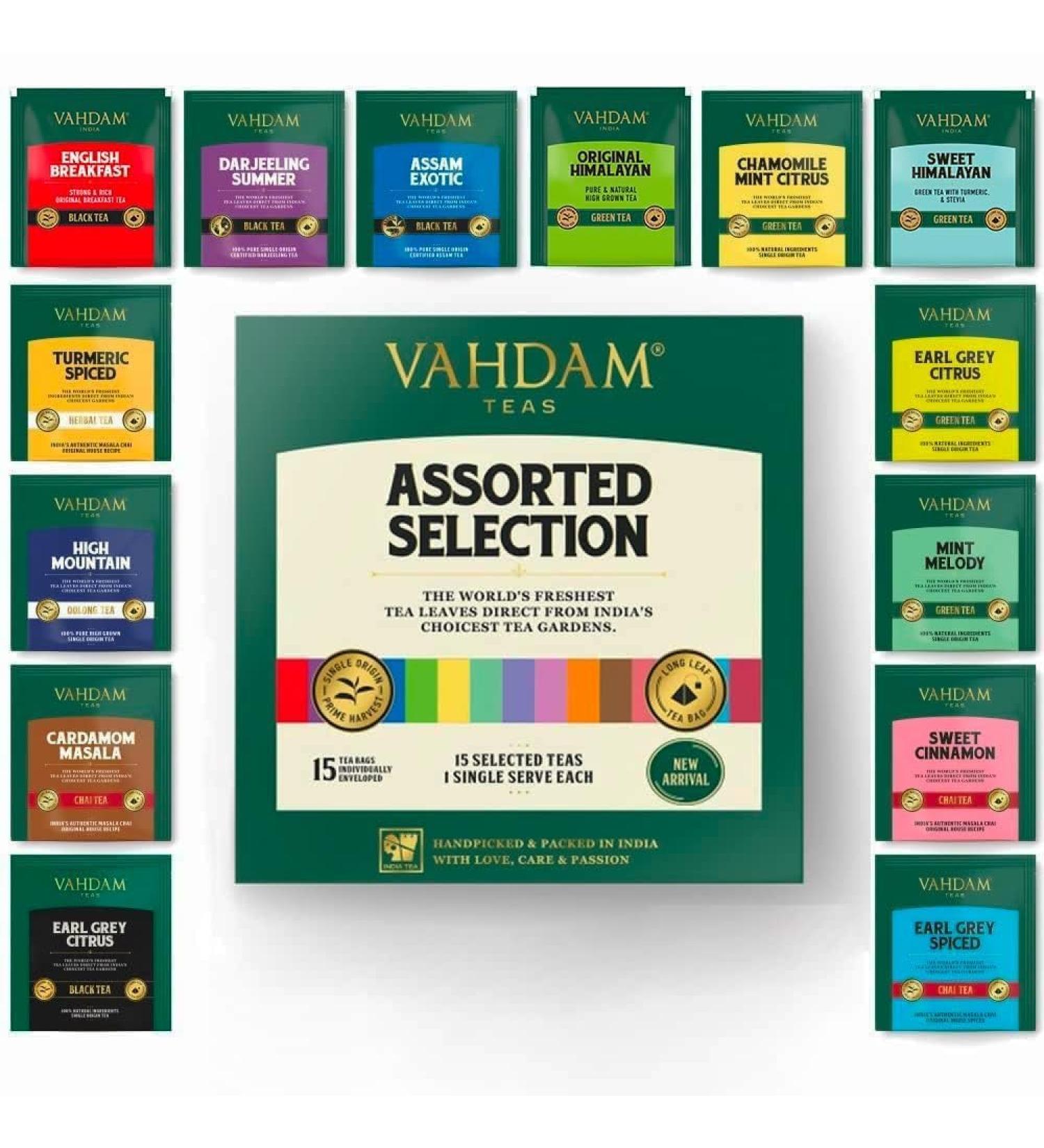 Vahdam Tea Trial Set | Discover 15 Flavors - Black Green Oolong Chai & Herbs | Ideal Gift for Tea Lovers - International Shipping - Buy Online on GoSupps.com