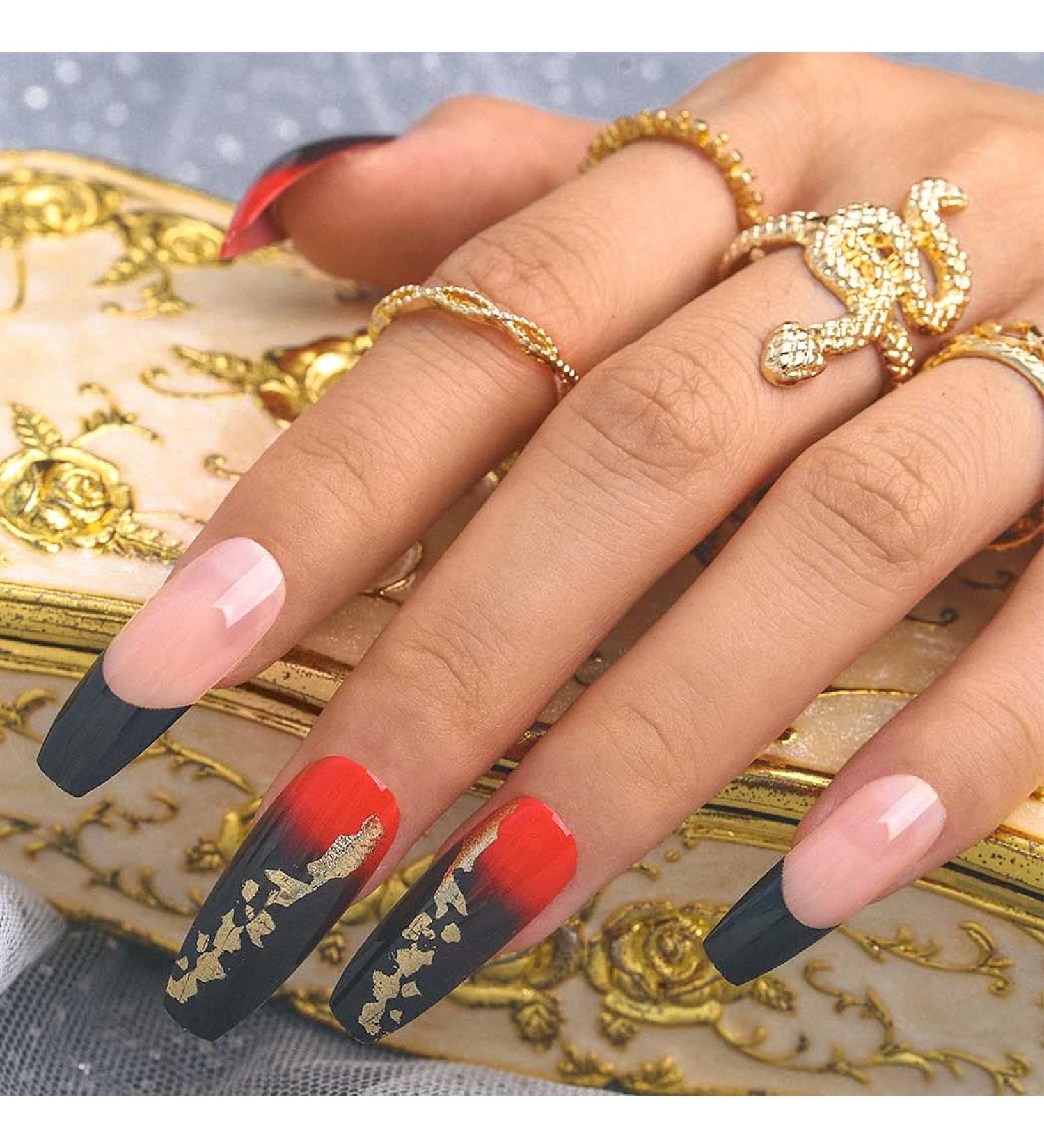 Sethexy Long Coffin Nails - 24pcs Red & Black Ballerina False Nails with Glue - Press-On Acrylic Nail Tips for Women & Girls - Buy Online on GoSupps.com