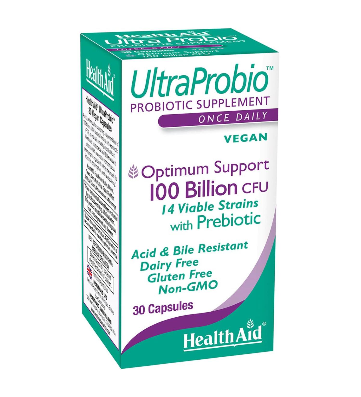 HealthAid UltraProbio 100 Billion 30ct Once Daily Capsules Optimum Support 100 Billion with Prebiotic Acid & Bile Resistant Non-GMO - Buy Online on GoSupps.com