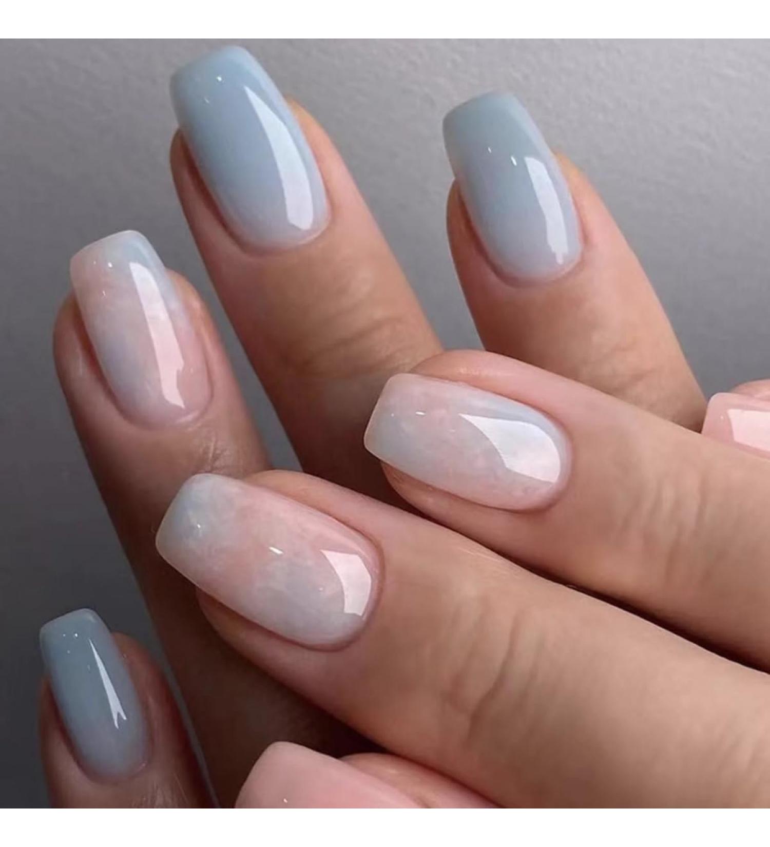 Justotry 24 Pieces Pink Coffin Nails - Sky Blue French Press On Ballerina Fake Nails for Nail Art - Beautiful Artificial Fingernails for Women - Buy Online on GoSupps.com