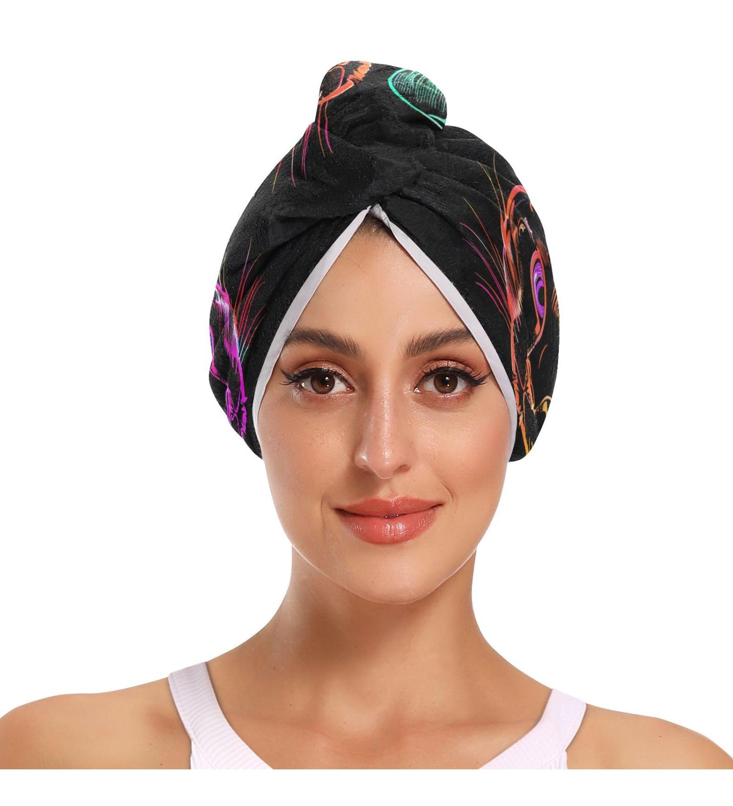 Colorful Neon Cat Heads Hair Towel 2 Pack | Super Absorbent Quick Dry Turbans for Women & Girls - Buy Online on GoSupps.com