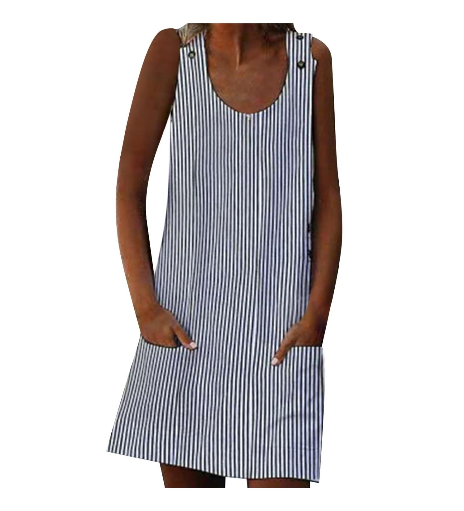 ToddlBy Women's Wing Sleeve Round Neck Pocket Button Striped Camisole Dress plus Size Pocket Dress Black X-Large - Buy Online on GoSupps.com