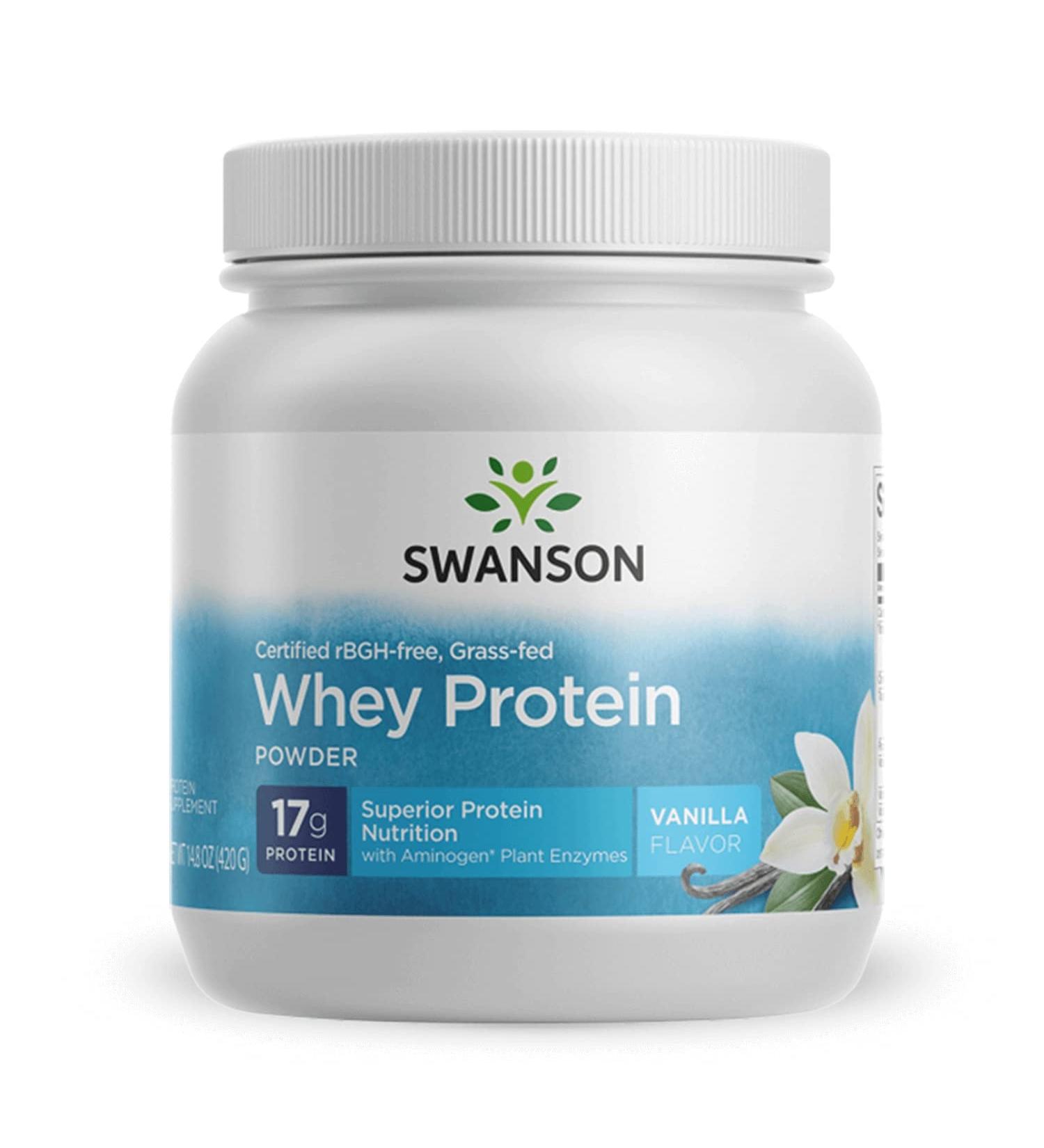 Swanson Grass Fed Vanilla Whey Protein Powder - rBGH & Hormone Free with Aminogen Enzyme for Muscle Support - 14.8 oz (420 g - Buy Online on GoSupps.com