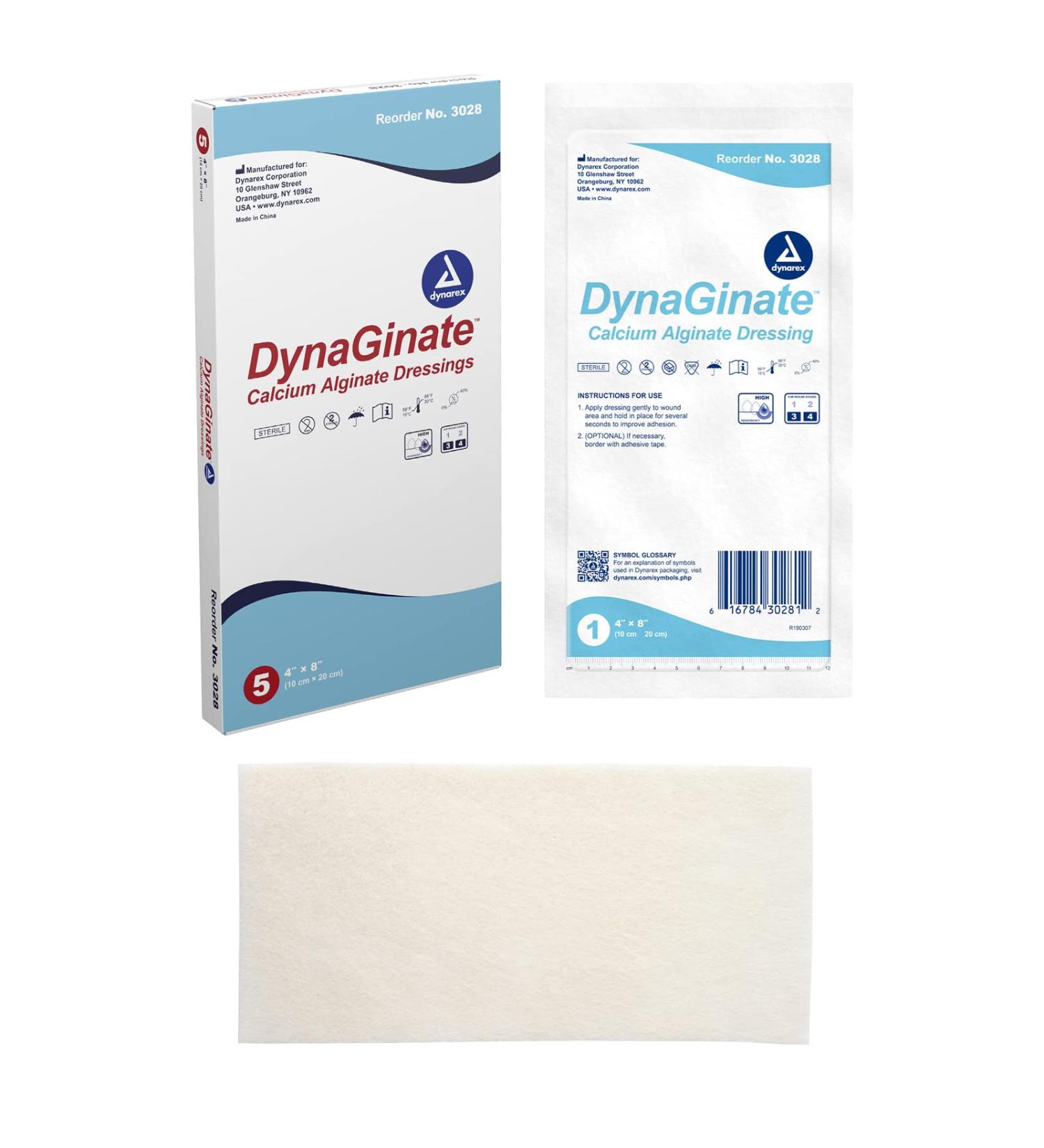 Dynarex DynaGinate Calcium Alginate Wound Dressing - Sterile Non-Stick Pads for High Exuding Cuts - 4x8 Box of 5 - International Shipping - Buy Online on GoSupps.com