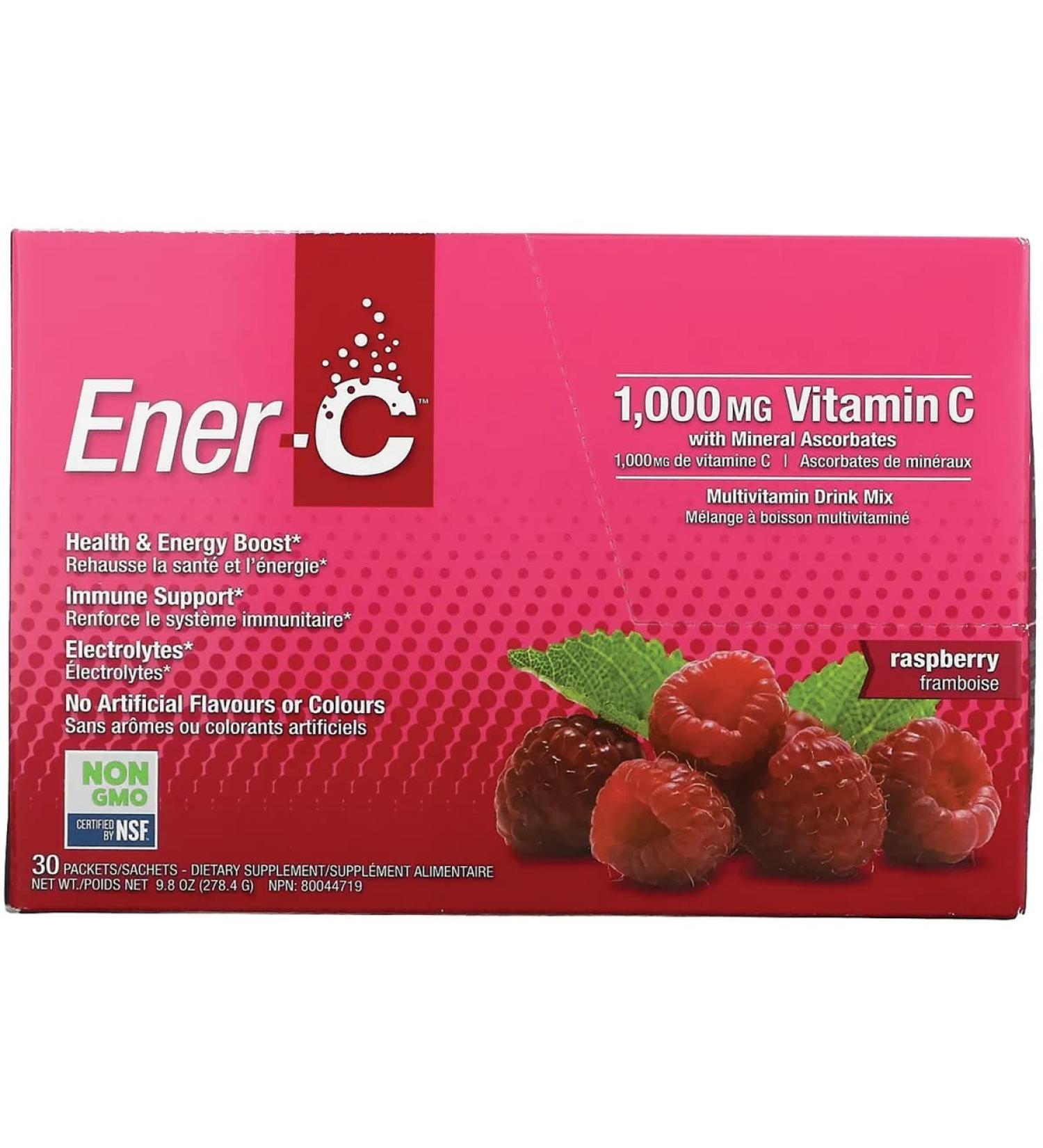 Ener-C Raspberry Electrolyte Multivitamin Drink Mix, 1000mg Vitamin C, Non-GMO, Vegan, Real Fruit Juice Powders, Natural Immunity Support, Gluten Free, 1-Pack of 30 Raspberry 30 Count (Pack of 1)