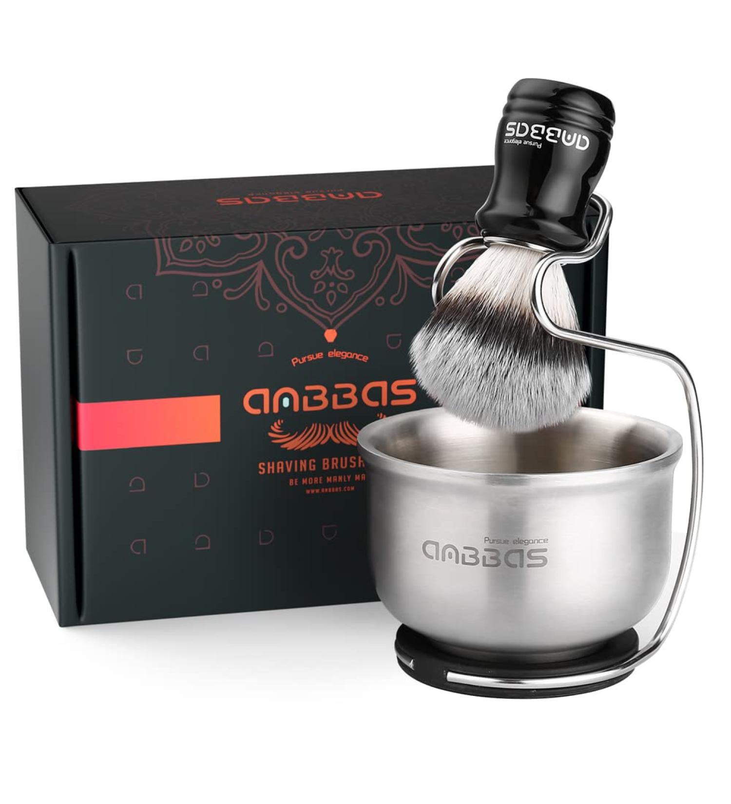 Anbbas 3in1 Vegan Synthetic Badger Hair Shaving Brush Set - Stainless Steel Bowl & Brush Holder Stand for Men in Silver - Buy Online on GoSupps.com