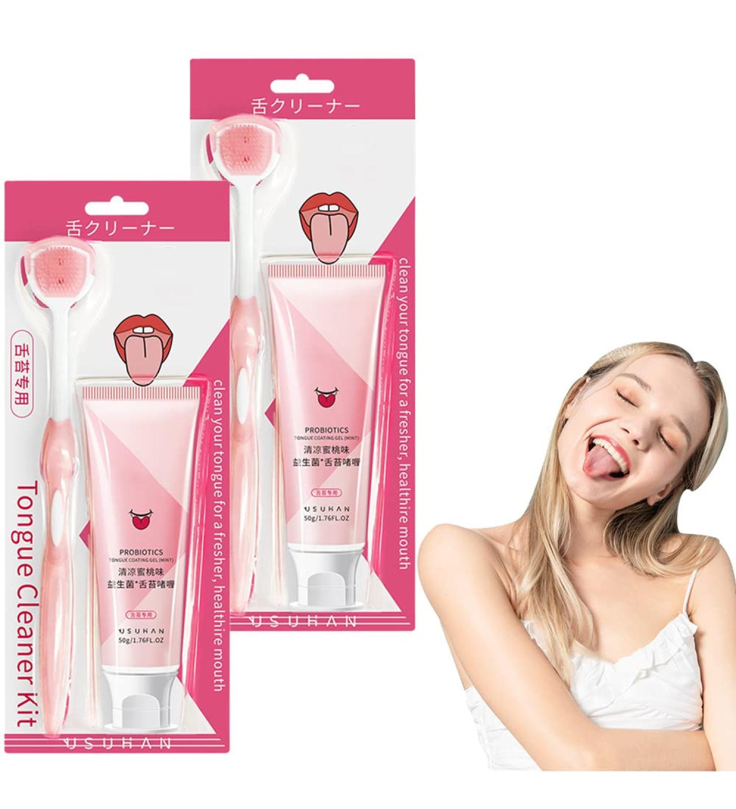 Probiotic Tongue Cleaning Gel Set & Oral Hygiene Brush - Remove Bad Breath & Freshen Breath - 2PCS Peach - Buy Online on GoSupps.com