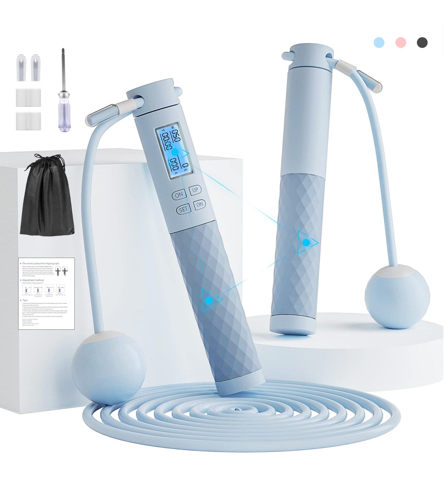 Fitness Jump Rope with Calorie Counter, Silicone Handles | Speed Ball, Adjustable Anti-Tangle PVC Wire Rope for Crossfit, Indoor Outdoor Workout - Blue - Buy Online on GoSupps.com