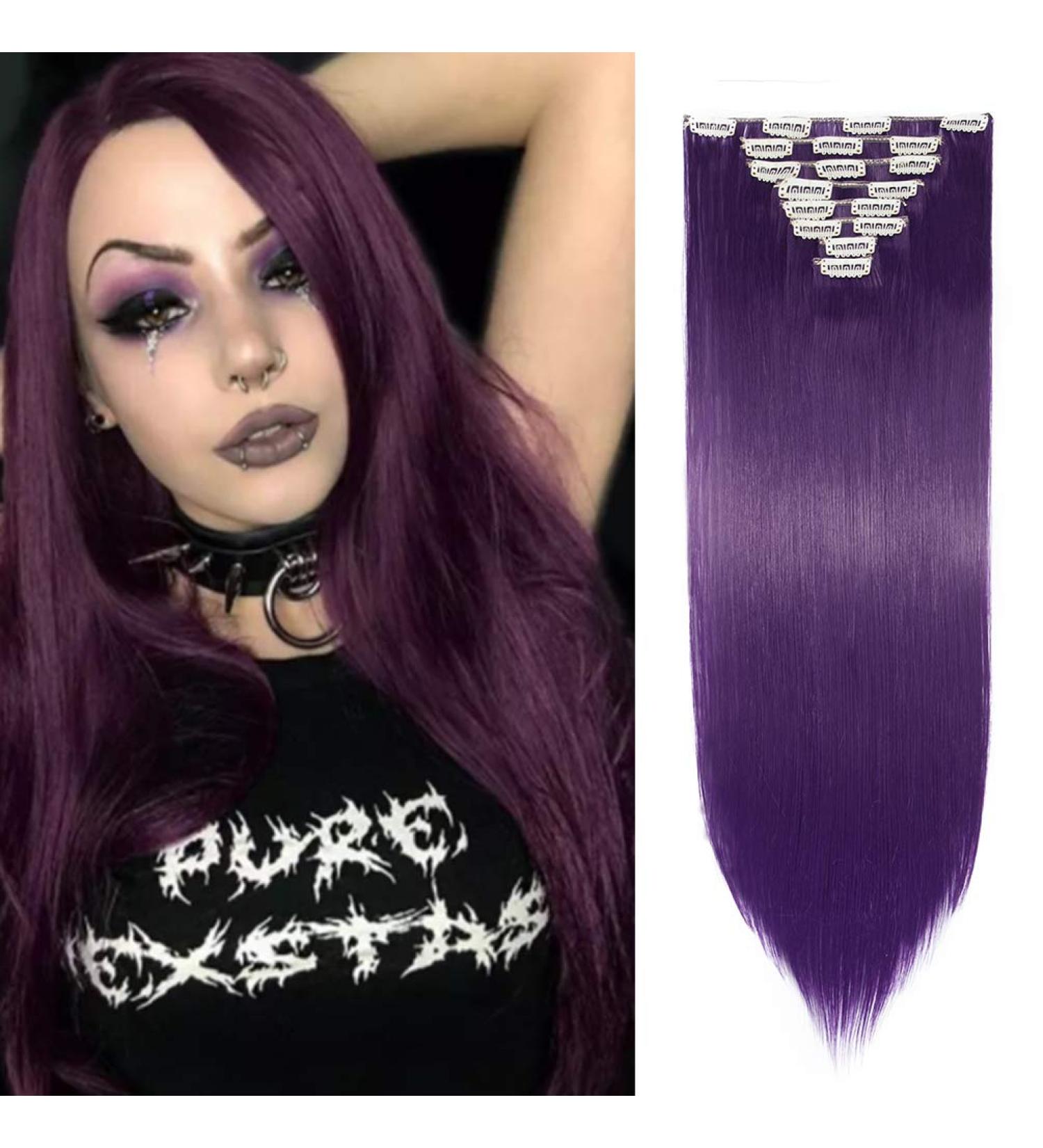 8pcs Dark Purple 26 Inch Clip in Hair Extensions - Silky Straight Full Head Synthetic Hair Pieces - Buy Online on GoSupps.com
