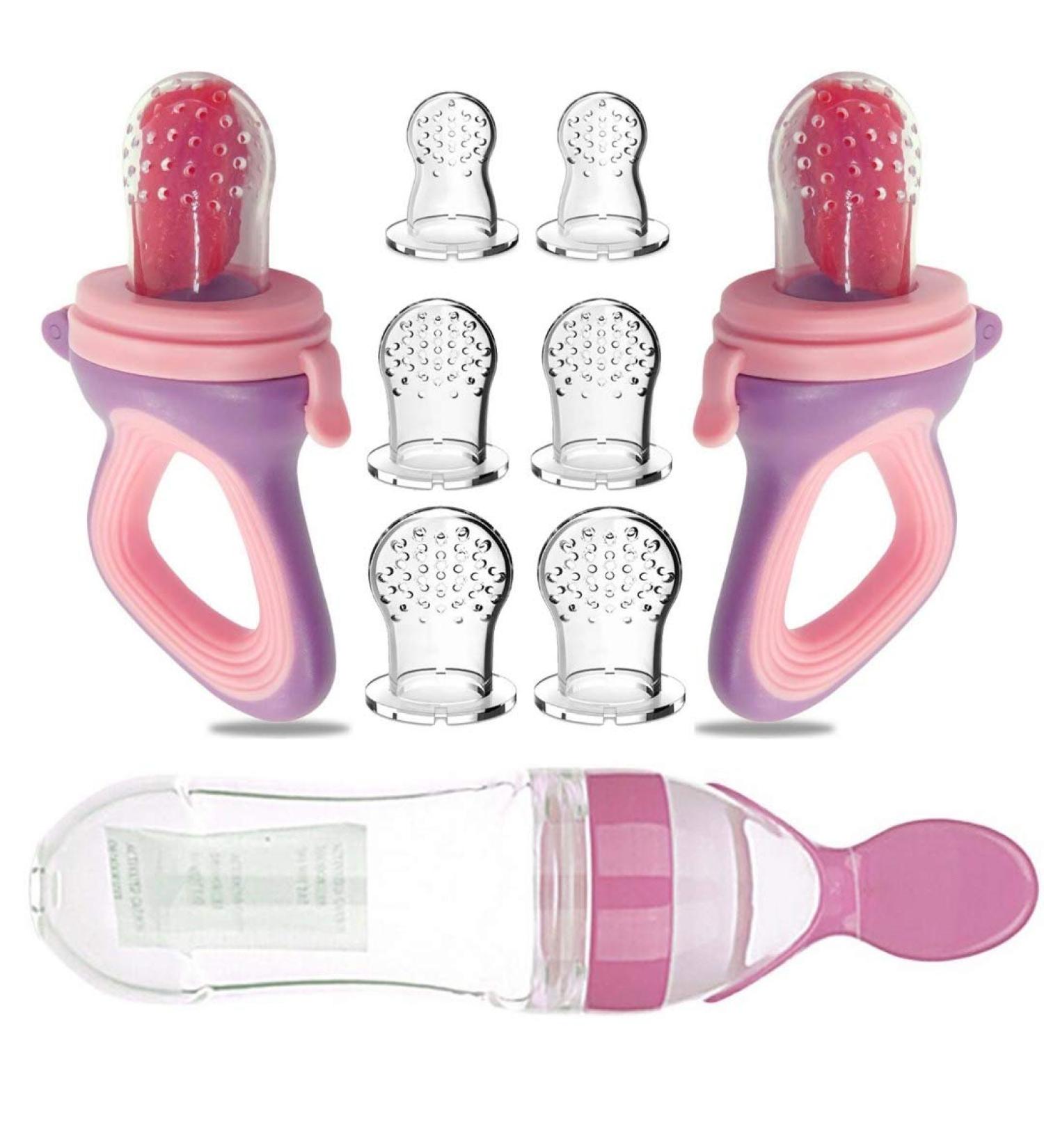 Baby Food Feeder Fresh Food - 2 Pack Fruit Feeder Pacifier Set | Silicone Pacifiers & Dispensing Spoon | Teether Feeding Set for Babies - Pink - Buy Online on GoSupps.com