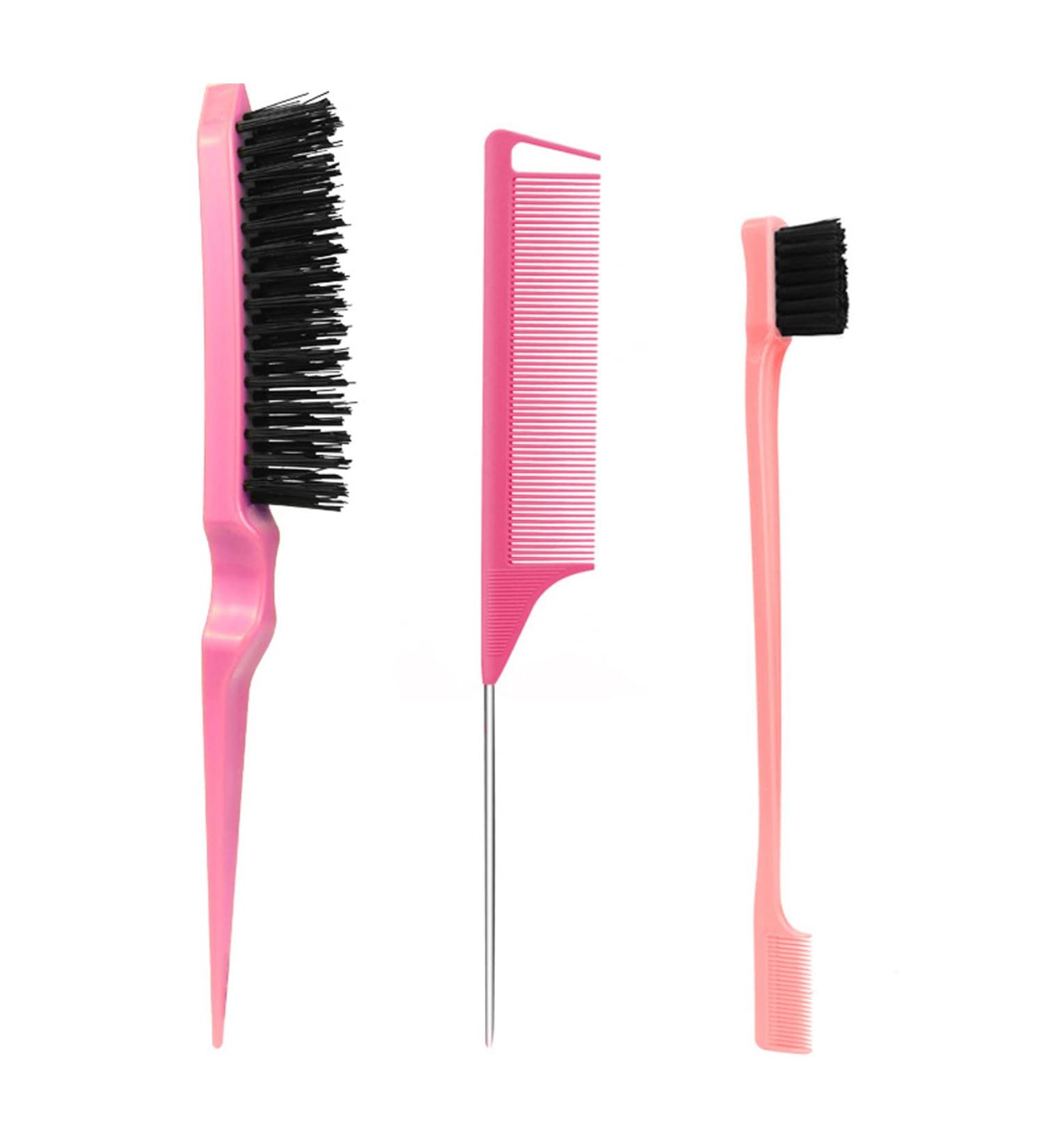 3 Pieces Sleek Bun Brush Set - Double Edge Teasing Hairbrush & Rat Tail Comb for Women Children | Pink - Perfect for Hairdressers - International Shipping Available - Buy Online on GoSupps.com