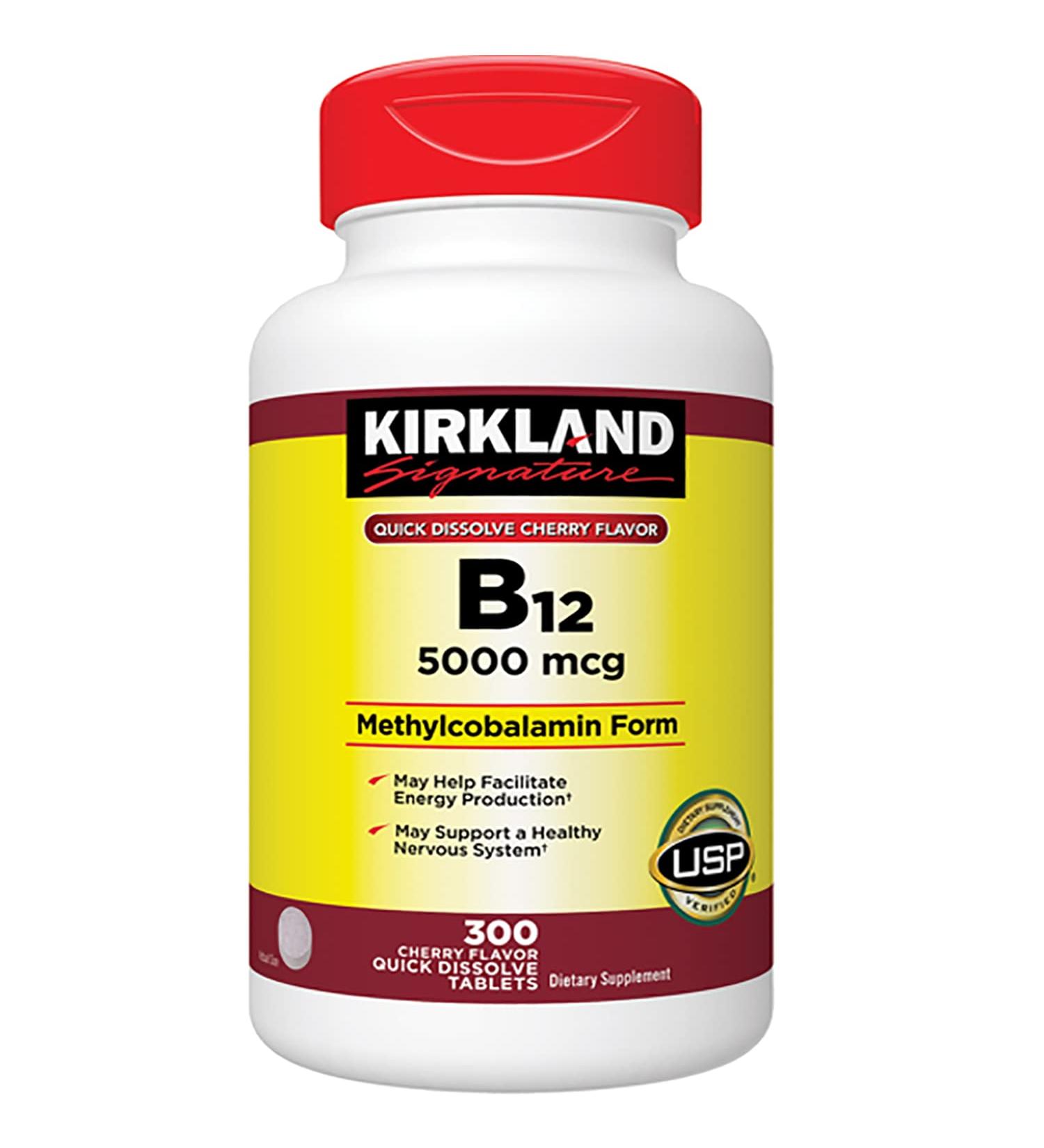 Kirkland Signature Vitamin B12 5000 mcg 300 Tablets - Quick Dissolve Cherry Flavor - Brain & Heart Support - 1 Pack - Buy Online on GoSupps.com