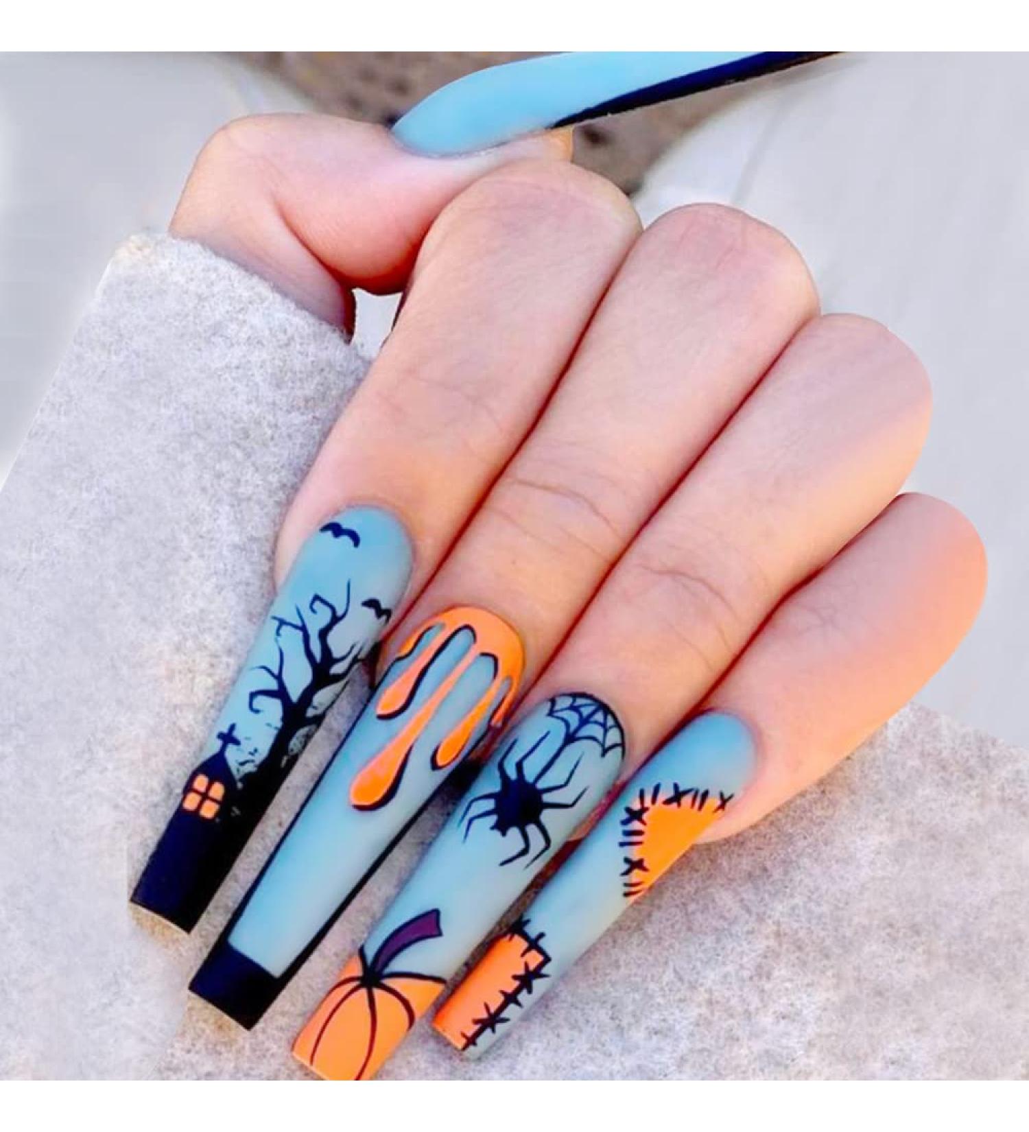 Halloween False Nails Spiders with Design Fake Nails Full Cover Long Nail Tips Press on Nails with Adhesive for Women and Girls - Buy Online on GoSupps.com