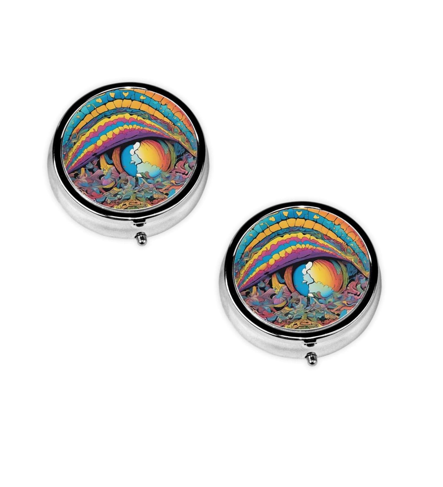 Abstract Mushroom Colorful Mandala Round Pill Box - 3 Compartment Mini Travel Organizer for Vitamins & Medicine - Buy Online on GoSupps.com