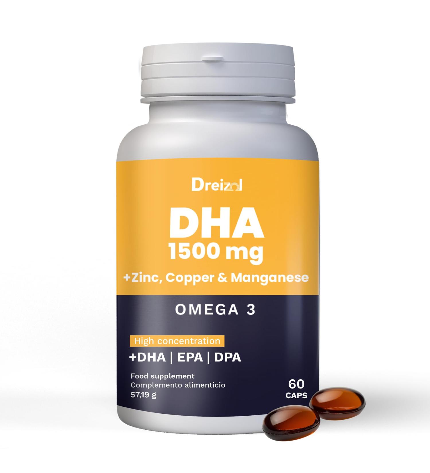 Brudy Lab Dreizol Omega 3 DHA 1500 avec EPA et DPA + Mangan se Zinc et Cuivre - Haute Concentration - Renforce les Tissus Oculaires R tine Sant Cardiaque et C r brale - 60 Capsules Jaune - Buy Online on GoSupps.com