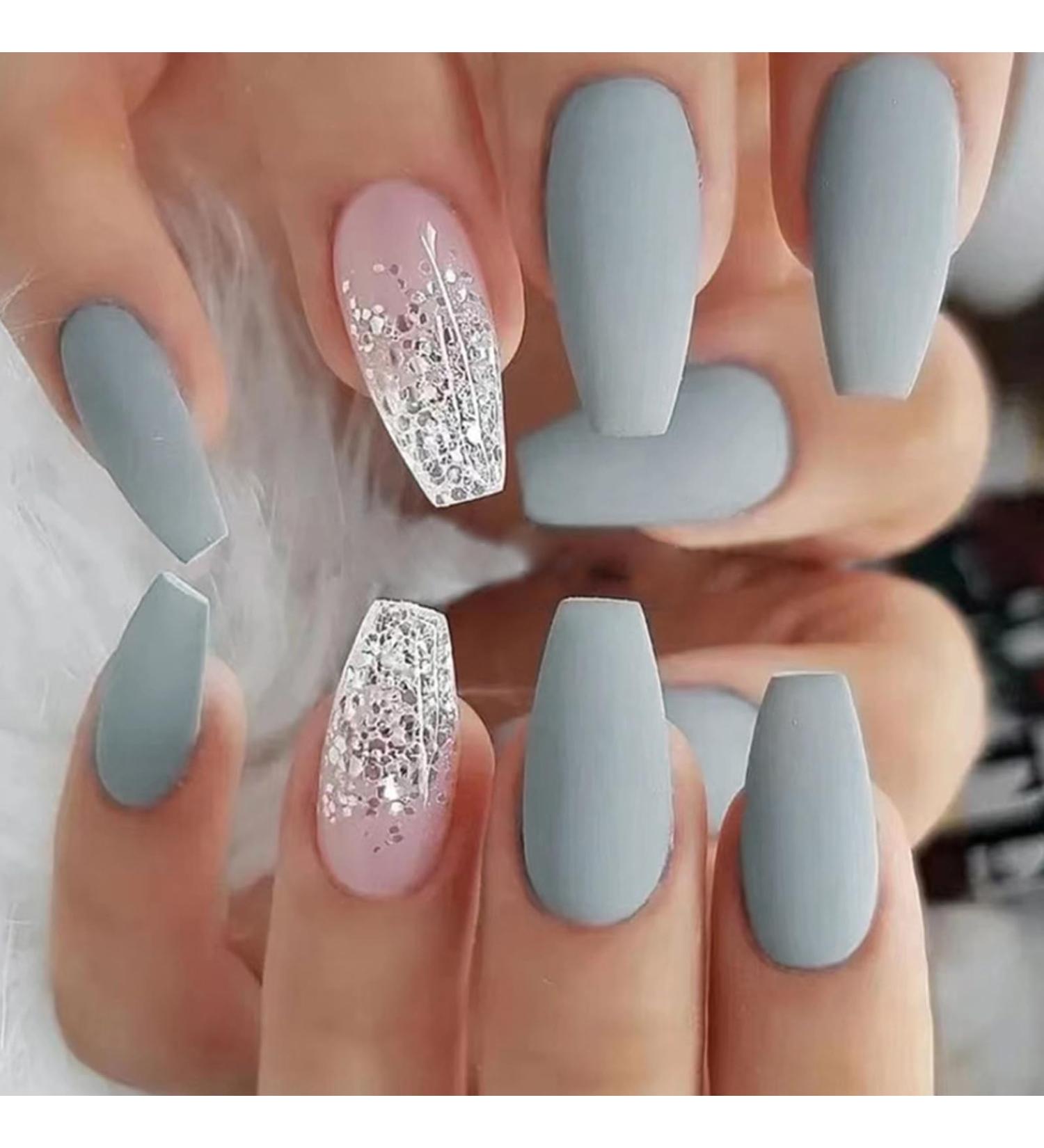 24Pcs Medium Coffin French Press On Nails - Ballerina Gray Blue False Nails for Women - Acrylic Full Cover Fake Nails with Adhesive Tabs - Nail Art Frosted Gray Blue - Buy Online on GoSupps.com