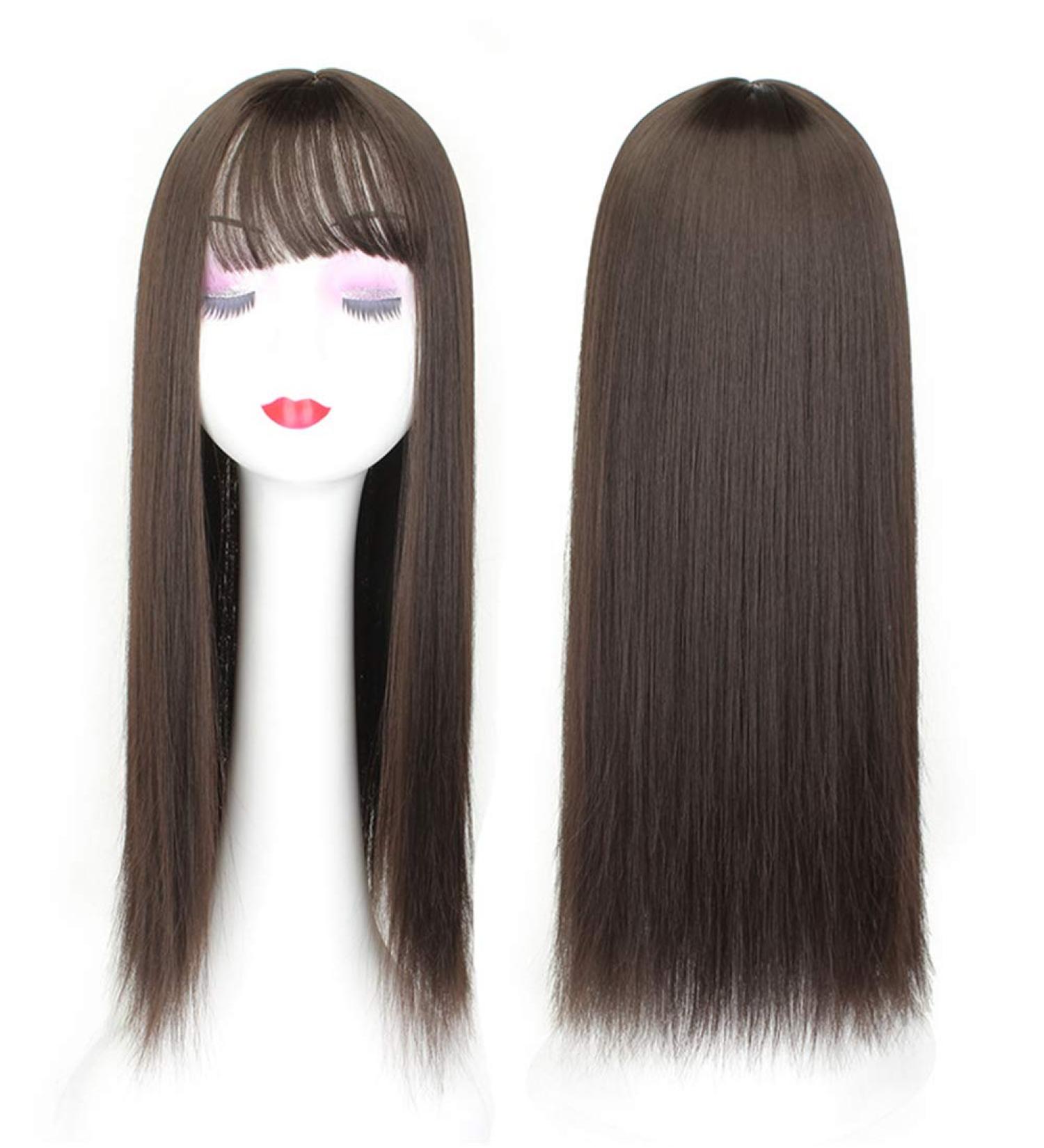 Women's 22 Long Straight Clip-in Synthetic Hair Topper with Bangs | Chocolate Brown for Thinning Hair - Shop Now - Buy Online on GoSupps.com