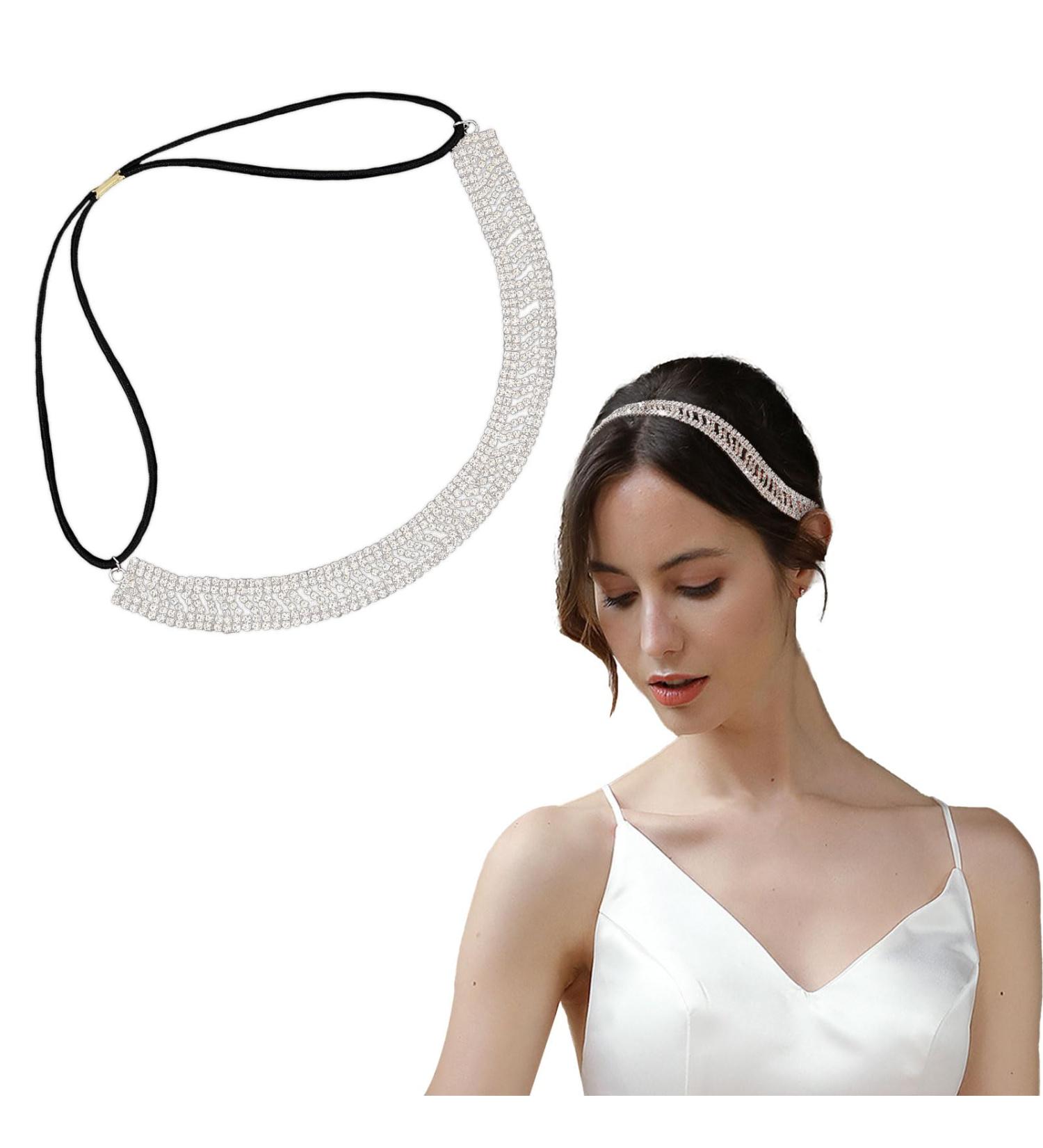 NICENEEDED Elastic Hair Jewelry Head Chain Rhinestones Forehead Headband Bohemian Crystal Hair Band Bridal Sparkly Silver Tiara Headpieces Hair Accessories for Wedding Party Prom Women Girls - Buy Online on GoSupps.com