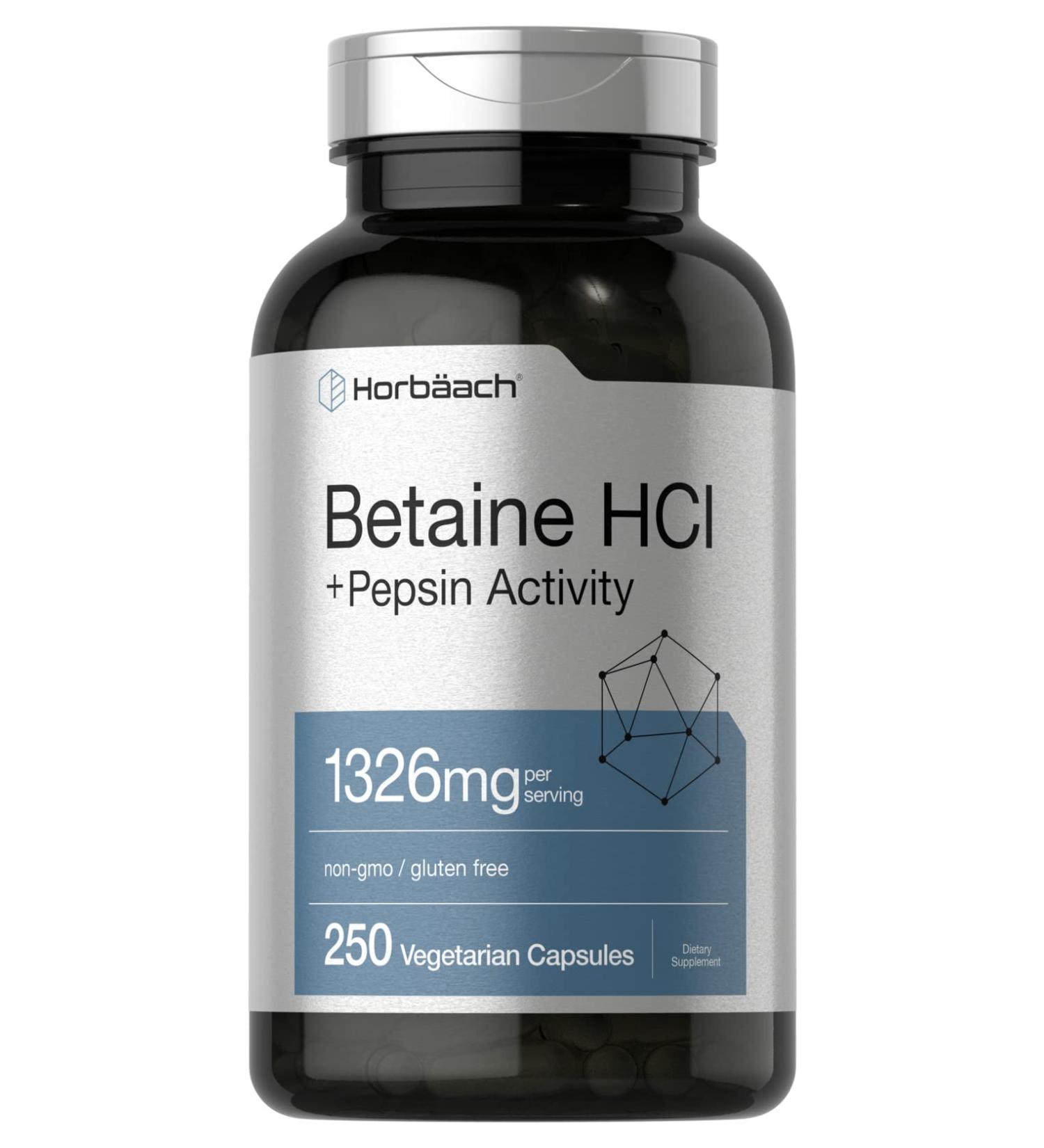 Betaine HCl with Pepsin 1326mg | 250 Capsules | Hydrochloride Supplement with Protease | Non-GMO, Gluten Free, Vegetarian | Horbaach - Buy Online on GoSupps.com