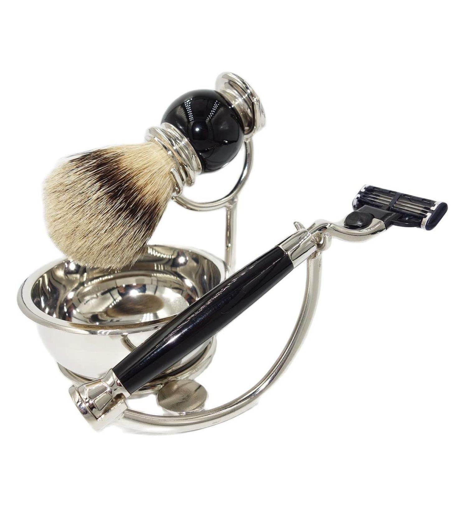 4-in-1 Razor Holder & Shaving Brush Set for Men - Black Enamel Gift Set | Stylish and Practical Shaving Accessories - Buy Online on GoSupps.com