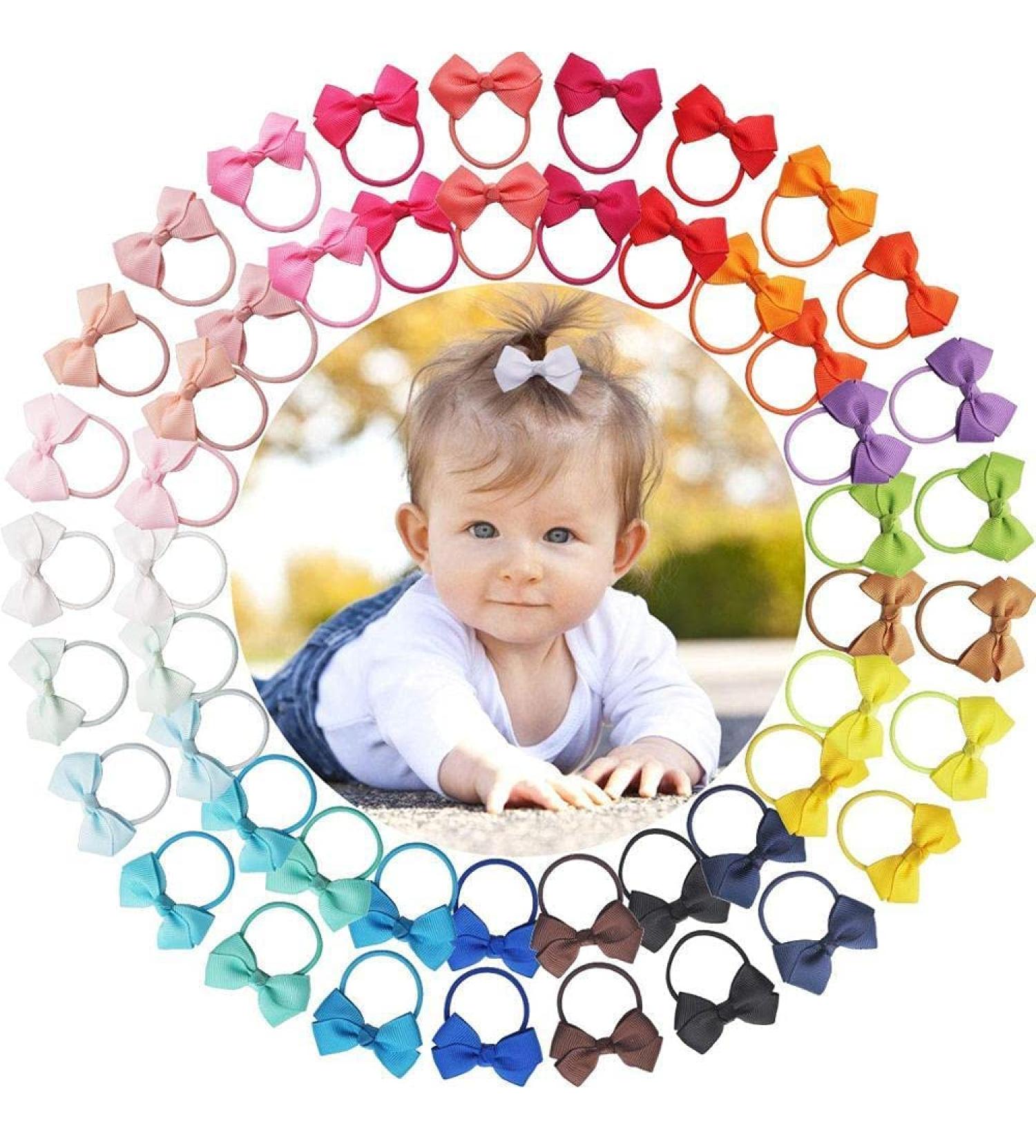 50 Pcs 2 Inch Boutique Hair Bows Set for Baby Girls with Rubber Band - Multi-colored | Infants Toddlers Kids Hair Accessories - Buy Online on GoSupps.com