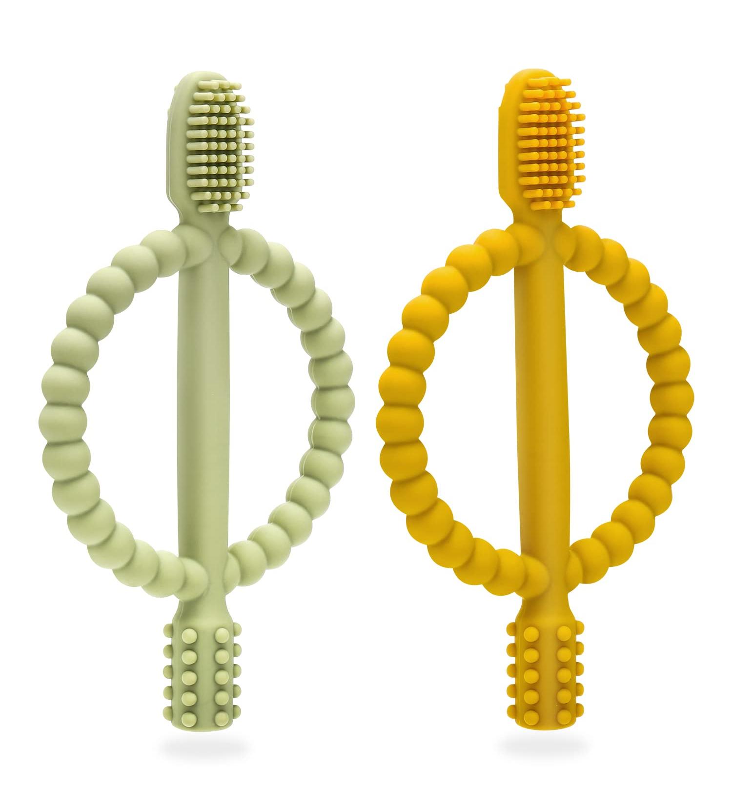 Baby Biting Toys & Toothbrush Set - BPA-Free Silicone Teething Rings for Gums Relief (Dark Green & Yellow) - 2 Pieces for 3+ Months - Buy Online on GoSupps.com