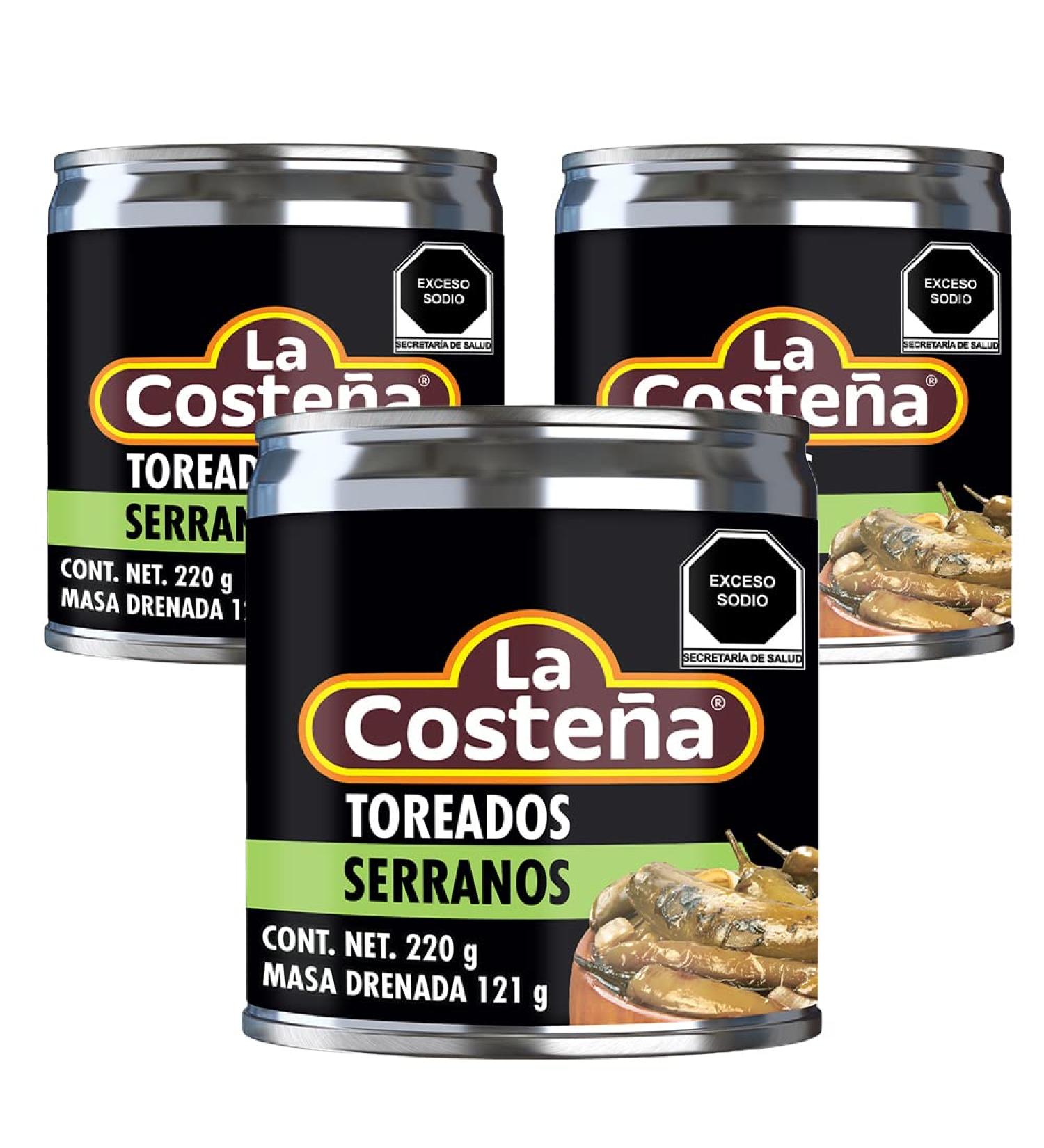 La Costena Serrano Toreados 220g (Pack 3) / Mexican Spicy Roasted Serrano Chilli Peppers In Can Multi Pack - Buy Online on GoSupps.com