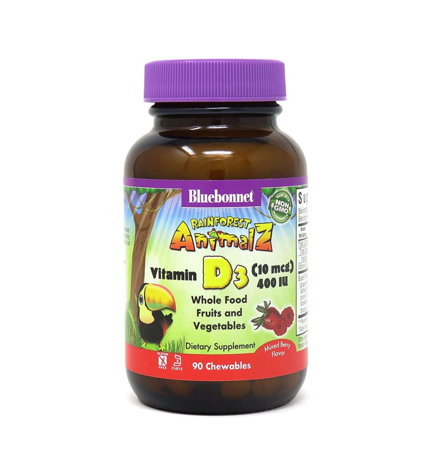 Bluebonnet Nutrition Rainforest Animalz Vitamin D3 - Chewable Mixed Berry Tablets (400 IU, 90 Count) - Buy Online on GoSupps.com
