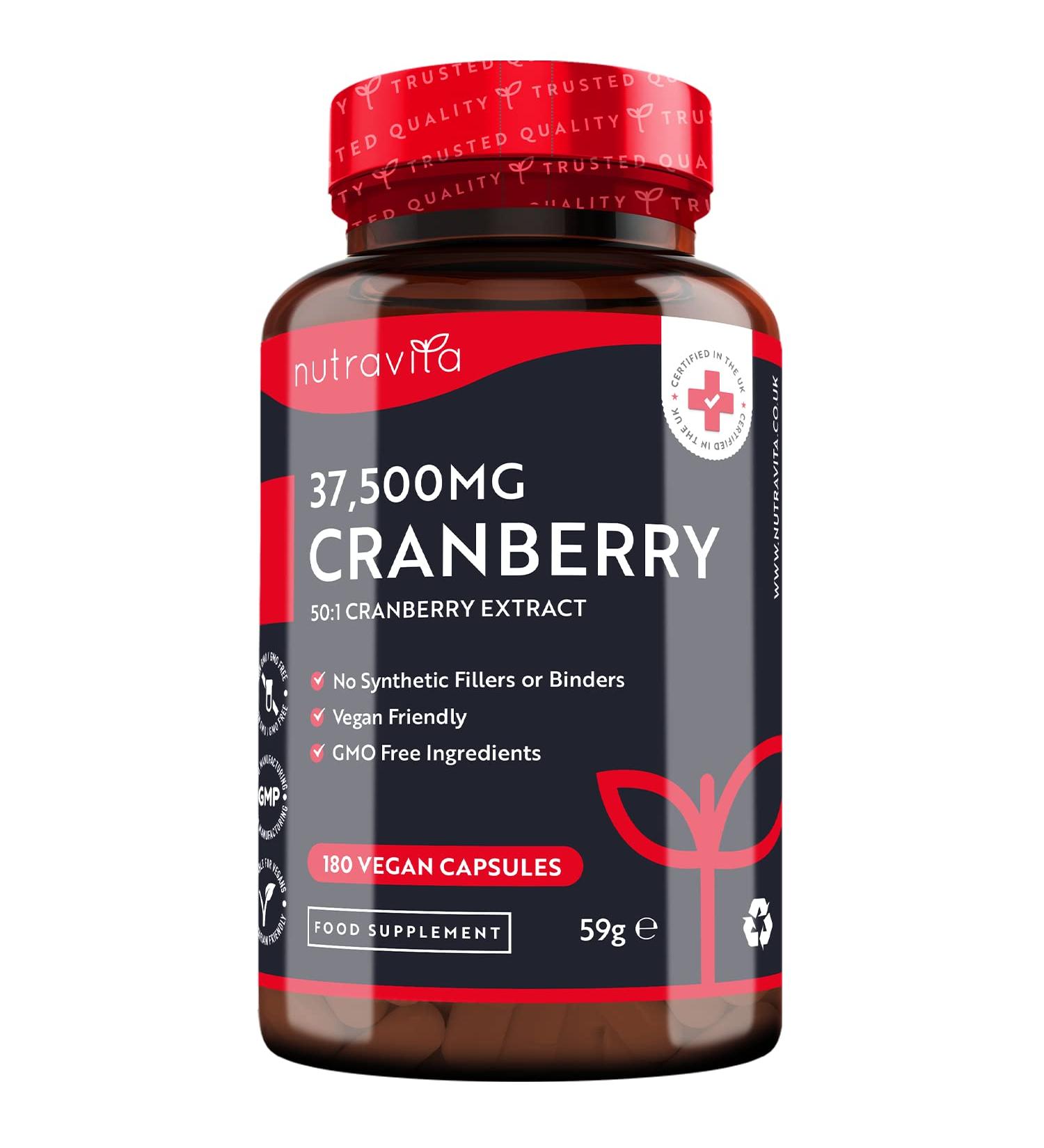 Nutravita Cranberry 37500mg 180 Vegan Capsules - Pure Cranberry Extract Supplement for Women - Made in UK - Max Strength - Buy Online on GoSupps.com