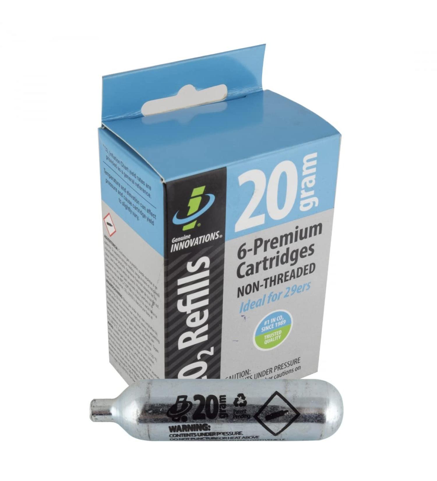 Genuine Innovations G20313 Bicycle CO2 Cartridges Non-Threaded 20g pack of 6 Silver