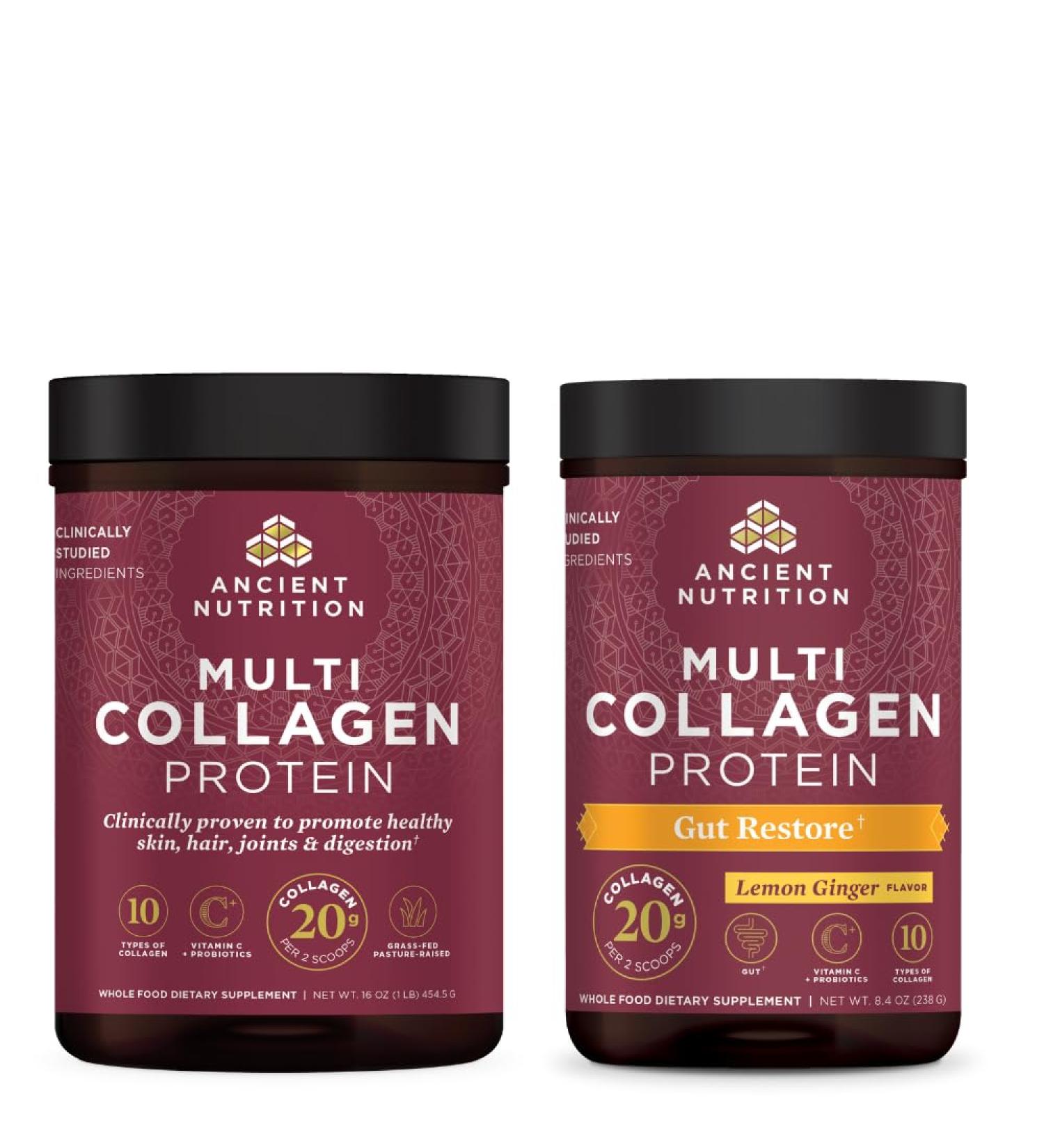 Ancient Nutrition Multi Collagen Protein Powder Unflavored 45 Servings + Multi Collagen Protein Powder Gut Restore 20 Servings - Buy Online on GoSupps.com