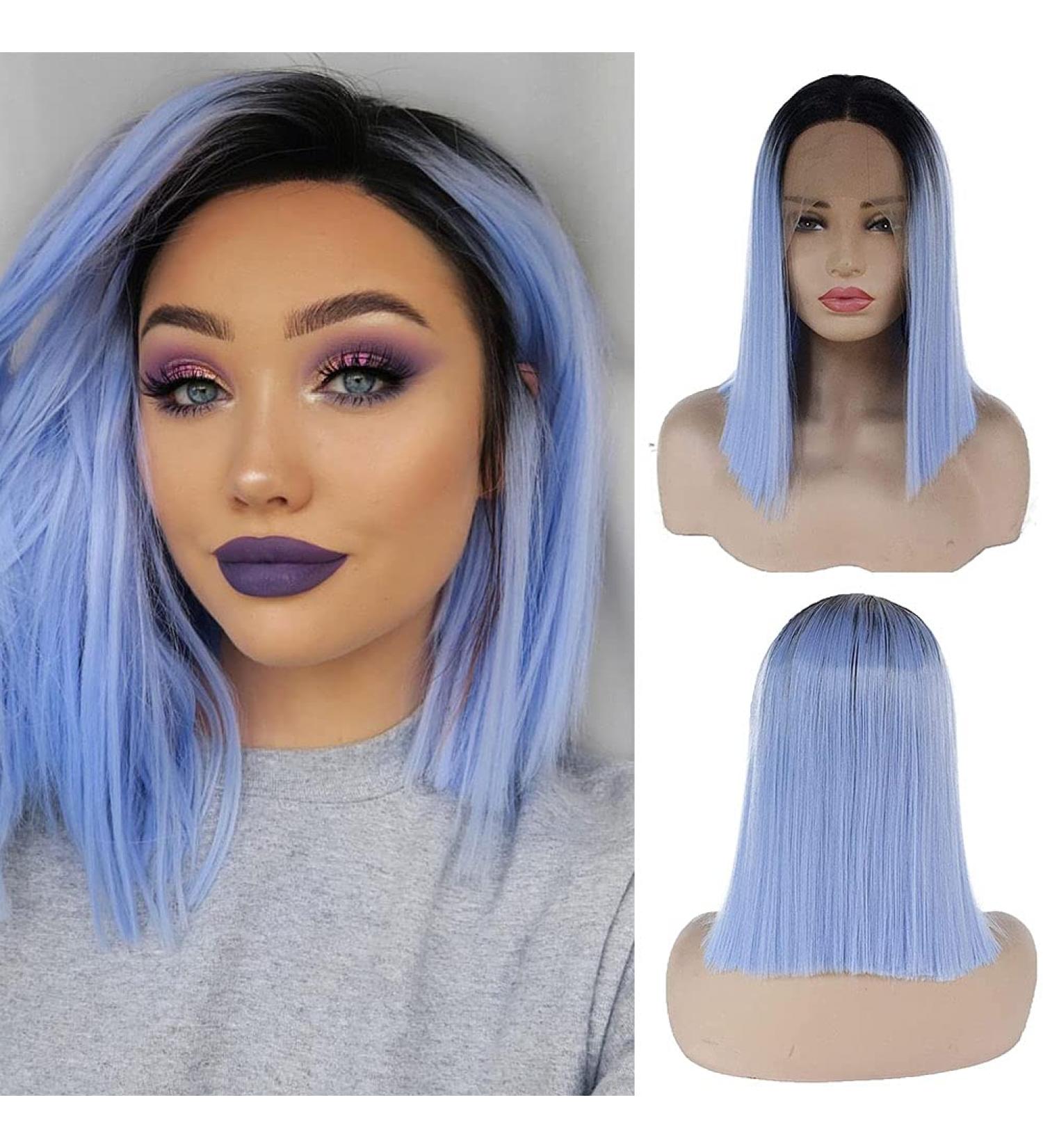 Karissa Ombre Blue Synthetic Lace Front Wig for Women - Short Blue Bob with Dark Roots | Glueless Half Hand Tied Hair Replacement - Buy Online on GoSupps.com
