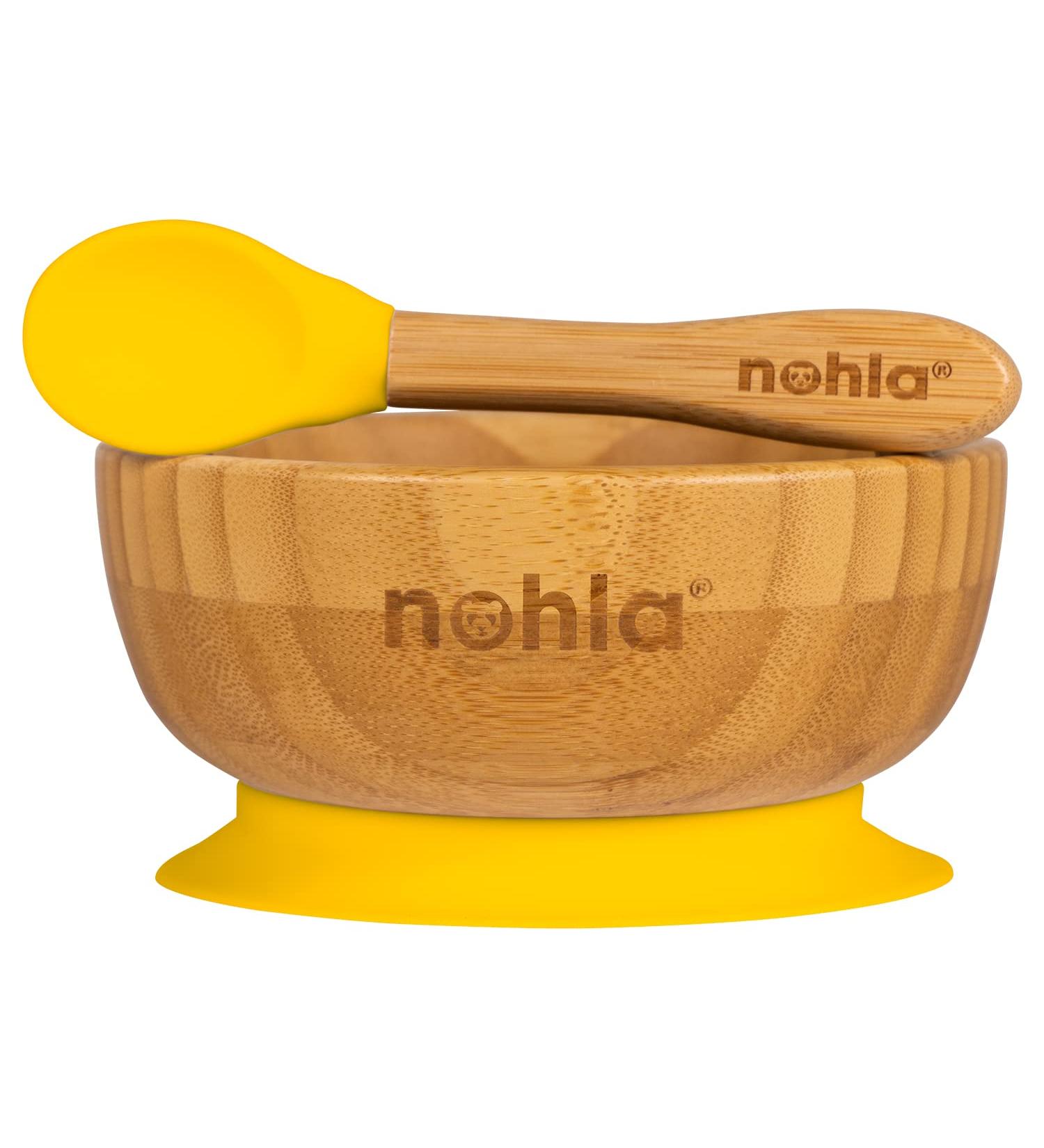 nohla - Bamboo Baby Weaning Suction Bowl and Spoon Set - Yellow - 350ml Capacity - 100% Natural & Organic BPA-Free Silicone - Toddler Mealtime Essentials Yellow Bowl