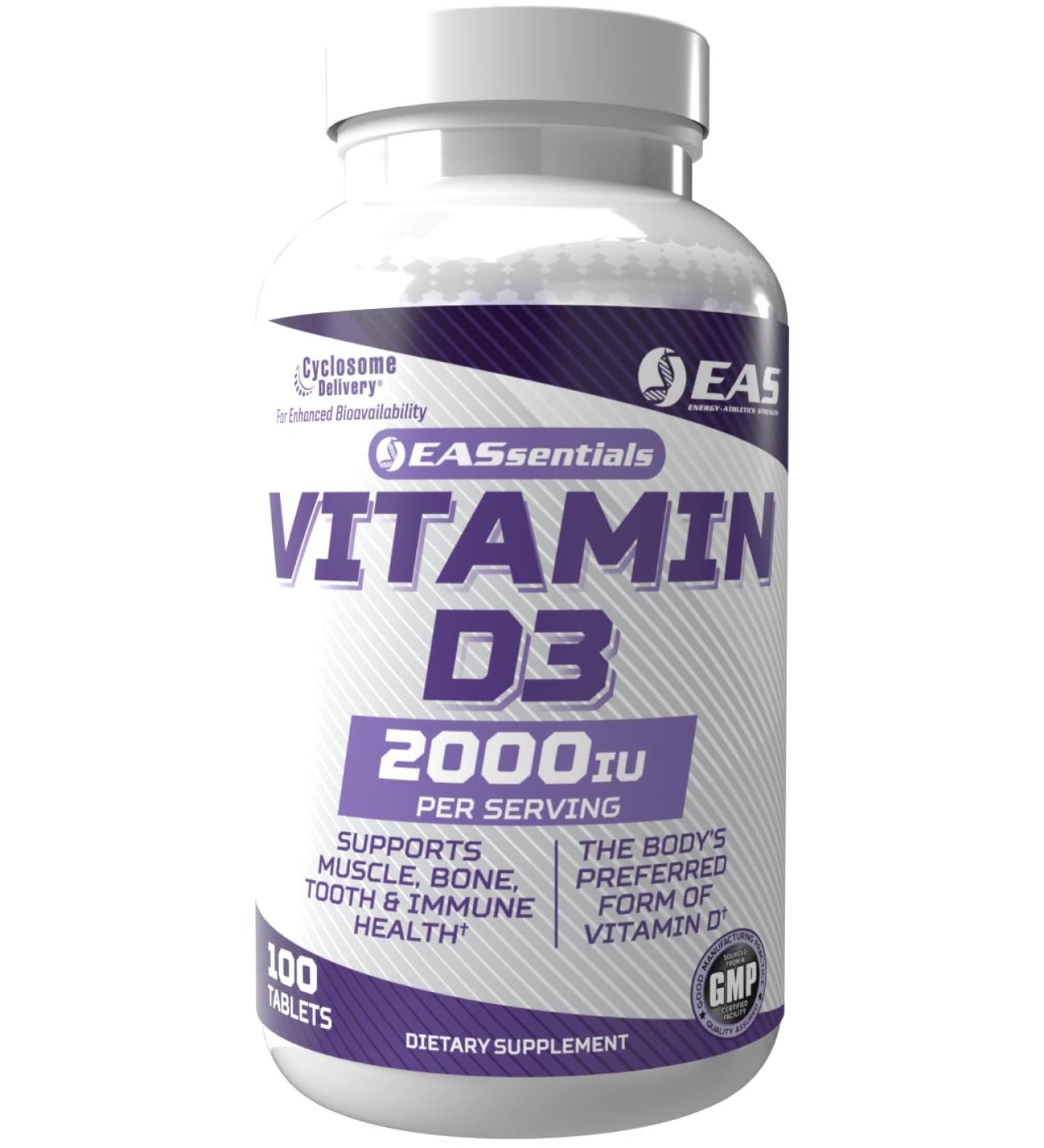 EAS Vitamin D3 2000 IU | Supports Muscle, Bone, Tooth, & Immune Health | Gluten Free, Non GMO | Better Absorption with Cyclosome Delivery | 100 Tablets - Buy Online on GoSupps.com