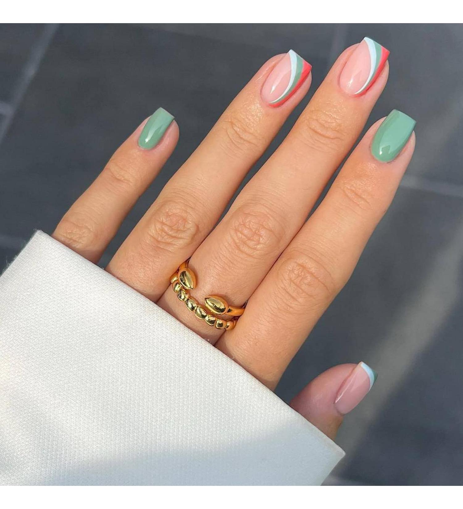 Justotry 24 pieces angular nails to stick on short mint green French artificial nails funky swirl artificial nail press on nails square fingernails fake nails short for women green s2