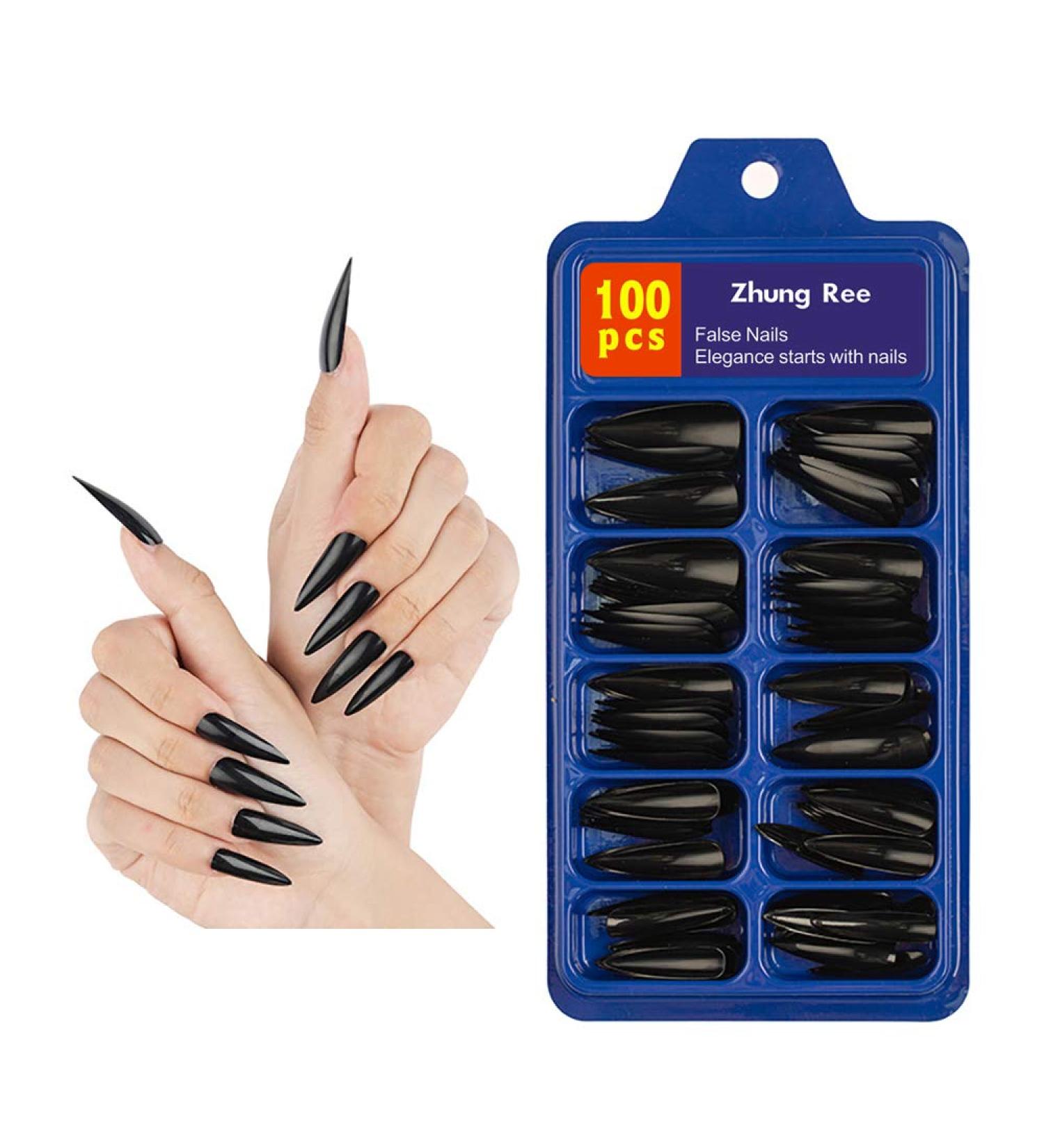 100pcs Extra Long Stiletto Fake Nails Set - Black Acrylic False Nails with Case for Salon Women and Girls - Buy Online on GoSupps.com