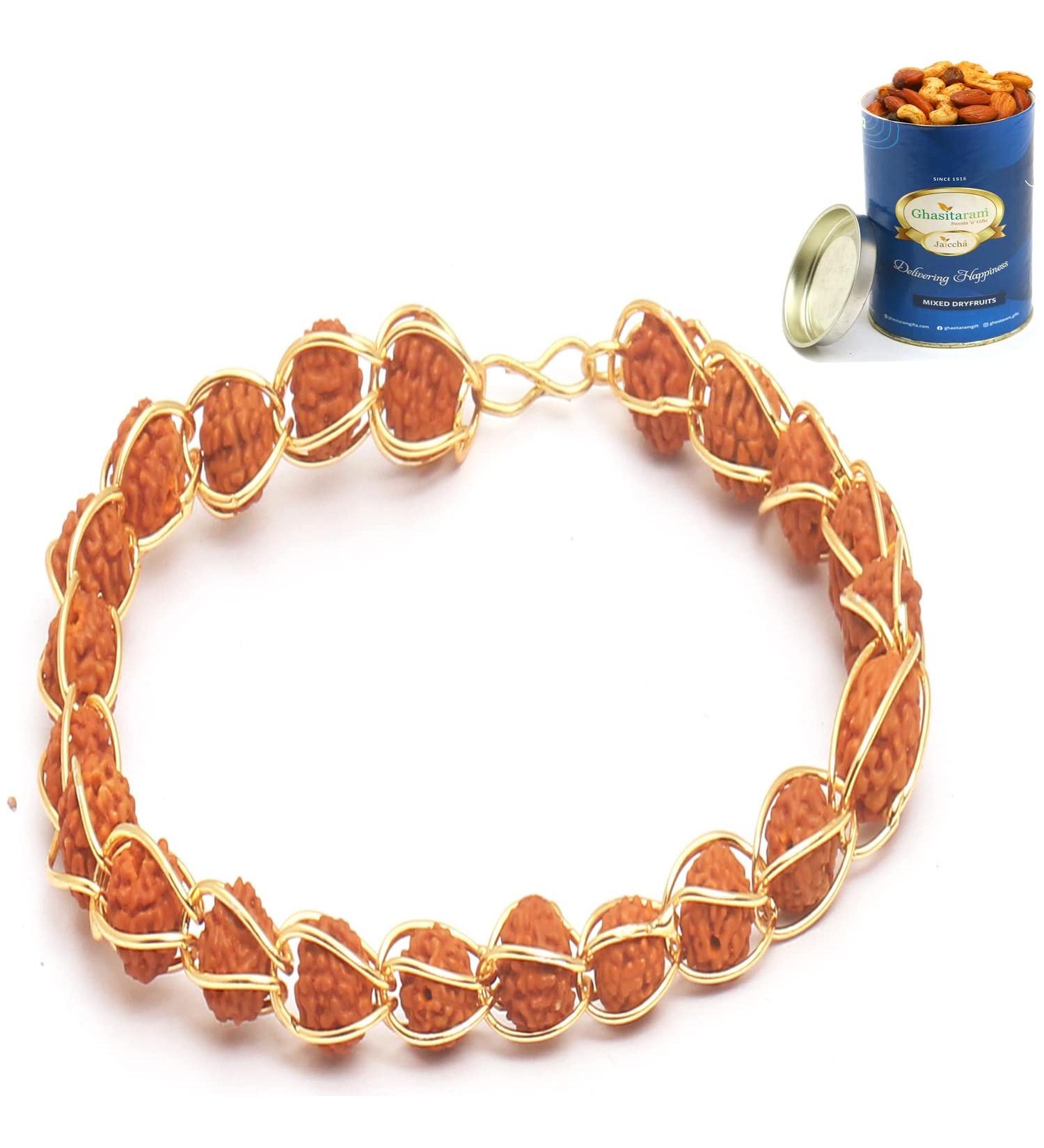 Ghasitaram Gifts Rakhi for Brother Rakhis Online Set of 2-1406 Elegant rudraksh Bracelet with 100 GMS of Dryfruits Mix Can - Buy Online on GoSupps.com