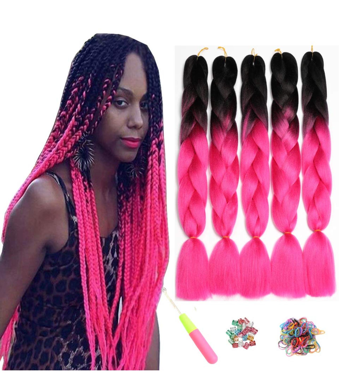 Showjarlly Jumbo Braid Artificial Hair - 24 Inch Ombre Kanekalon Extensions (5 Pack) for Crochet Twist & Box Braids - Black/Ros  - Buy Online on GoSupps.com