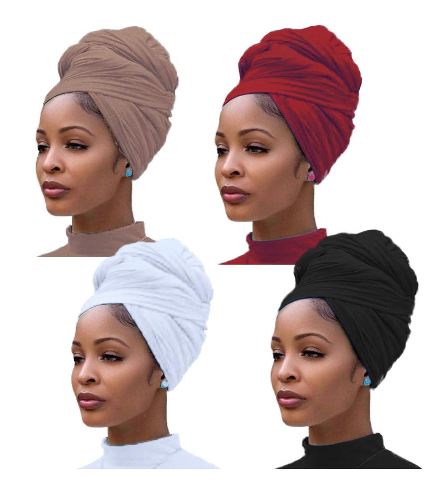 YMHPRIDE 4-Piece Stretch Jersey Turban Head Wrap Set - Soft & Breathable Urban Hair Scarf for Women in Black, Camel, Wine, Red, and White - Buy Online on GoSupps.com