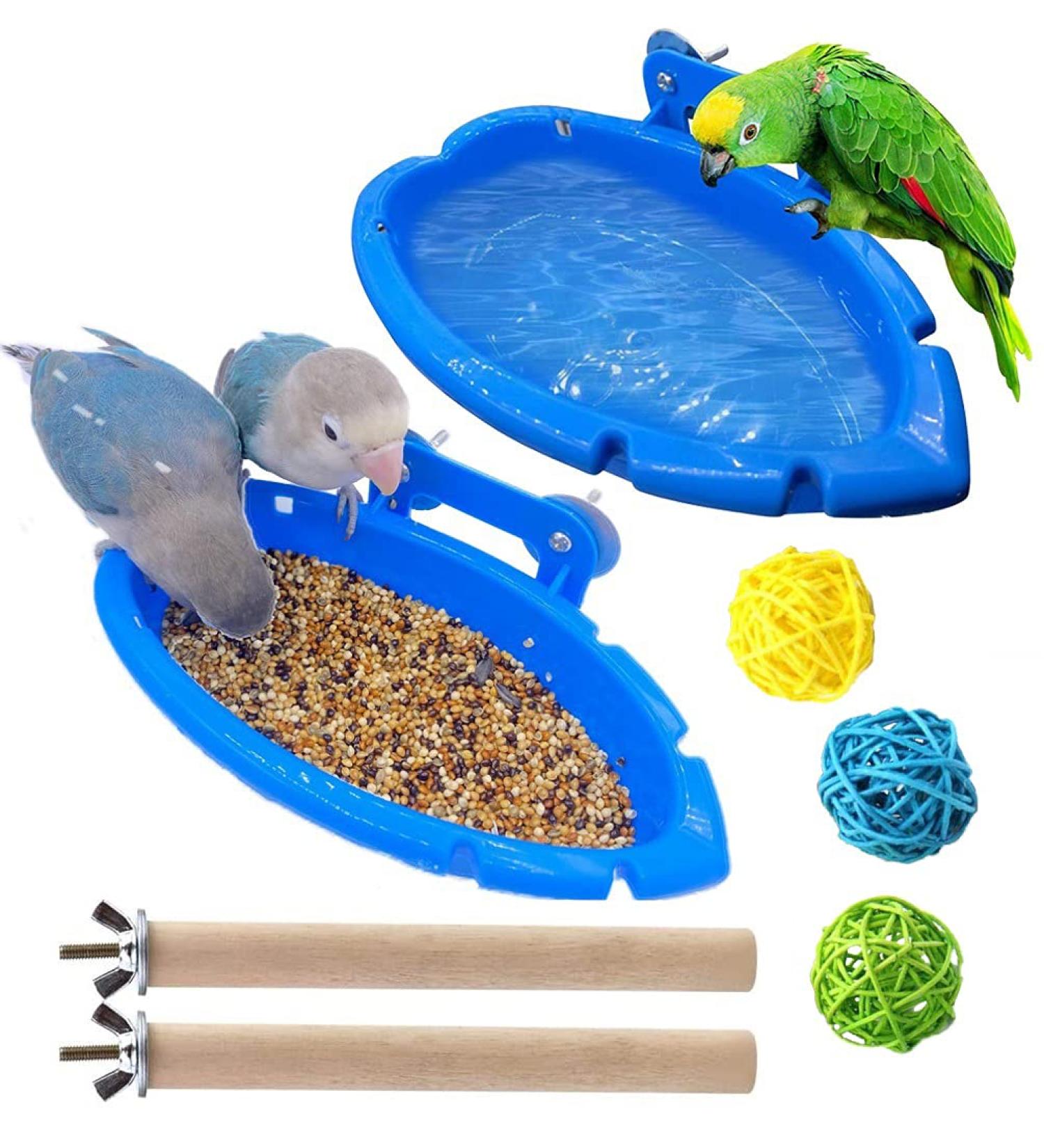 Bird Bath Tub Set - Wooden Branches, Colorful Rattan Balls, Bird Shower Bathing Bowl - Parrot Bathtub, Cage Accessories - Buy Online on GoSupps.com