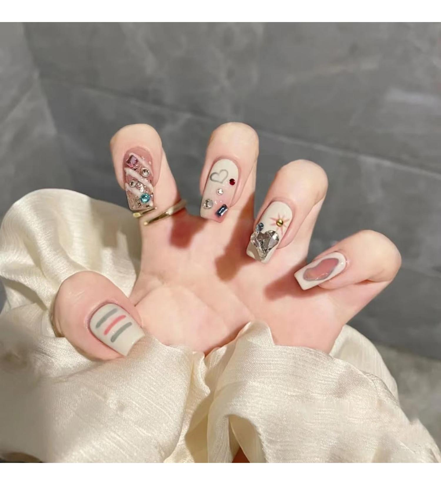 Nail grid pattern graffiti colored diamond wearable nail art patches removable fake nails(XS)
