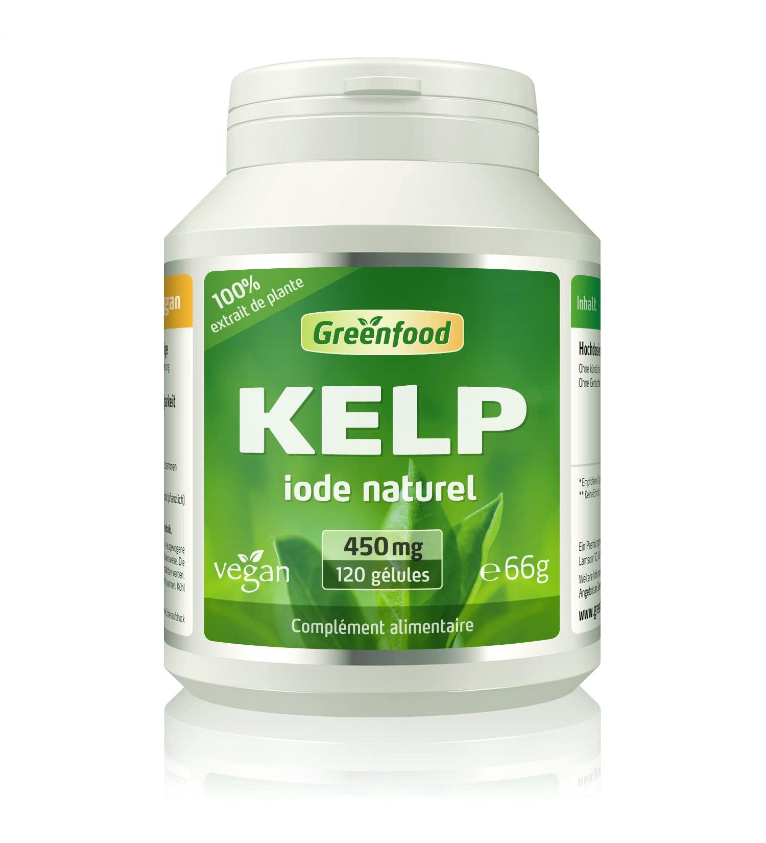 Greenfood Kelp 450 mg 120 capsules - for natural source of iodine and normal thyroid hormone production and normal thyroid - Buy Online on GoSupps.com