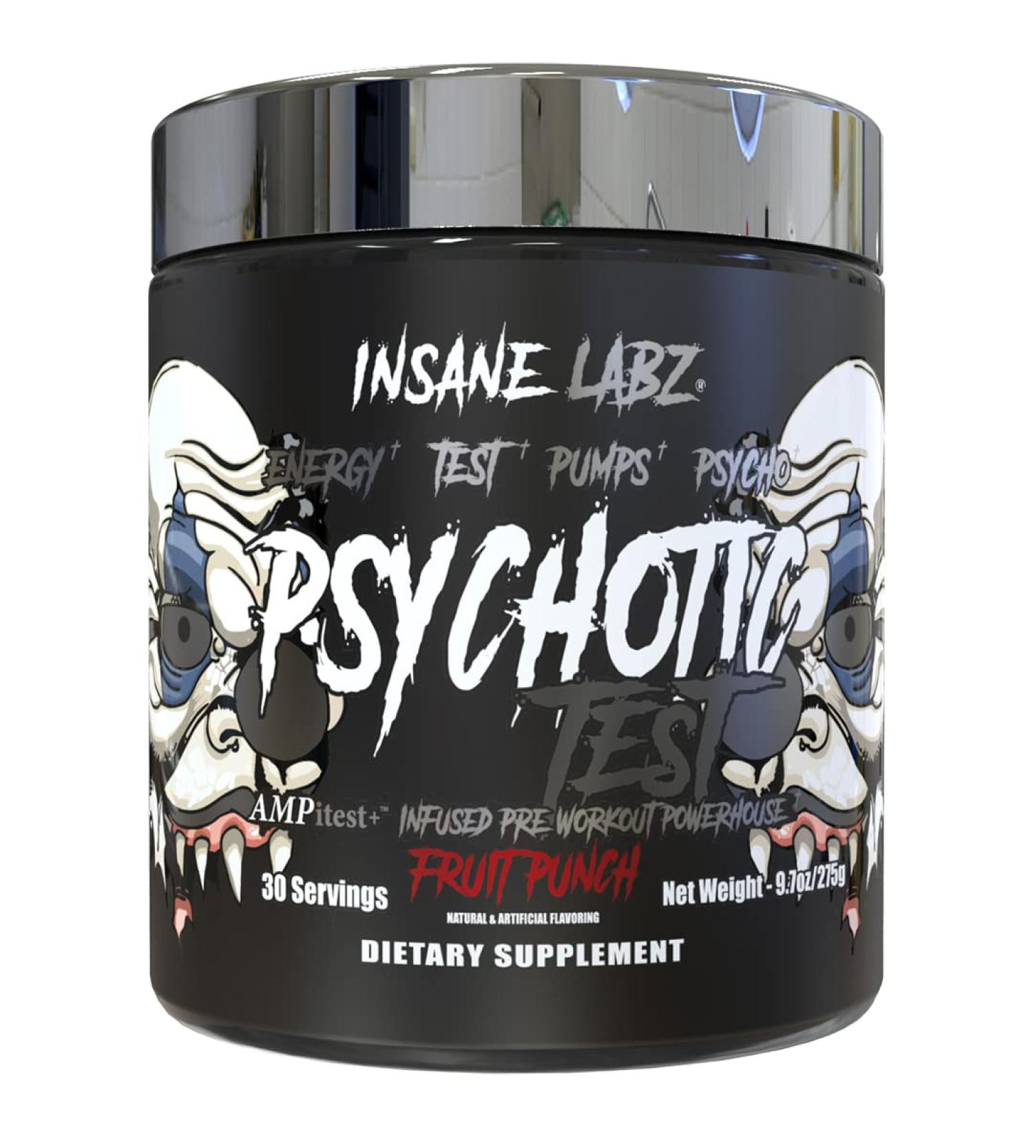 Insane Labz Psychotic Test, High Stim Testosterone Energy and Pump Boosting Pre-Workout Powder with DMAE Bitartrate, D Aspartic Acid, Creatine HCL and Glycerol Monostearate, 30 Servings, Fruit Punch - Buy Online on GoSupps.com