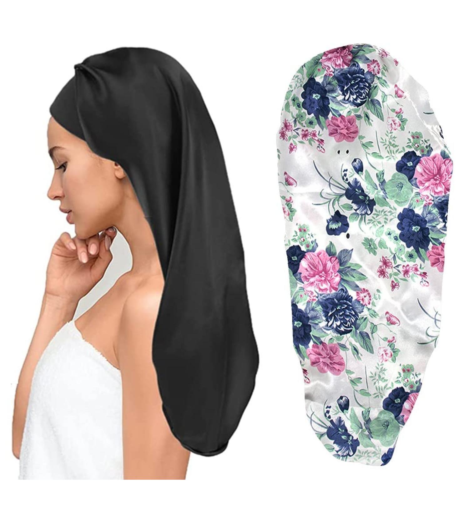 Ladaypoa 2-Piece Satin Sleep Cap for Curly Hair | Adjustable Double-Layer Silk Hood for Women - Black & Blue Flower Design - Buy Online on GoSupps.com