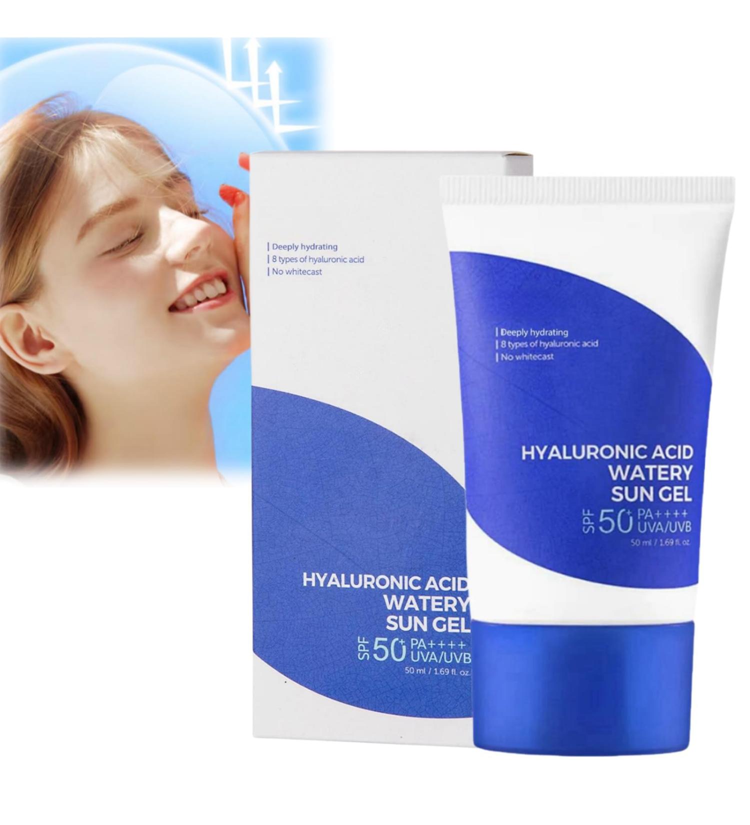 Hyaluronic Acid Watery Sun Gel Korean Sunscreen spf 50 Face Sunscreen for Oily Skin Korean Suncream PA++++ Sunscreen Korean Watery Sun Gel with No White Cast Daily Sunscreen Face Moisturiser 50ml - Buy Online on GoSupps.com