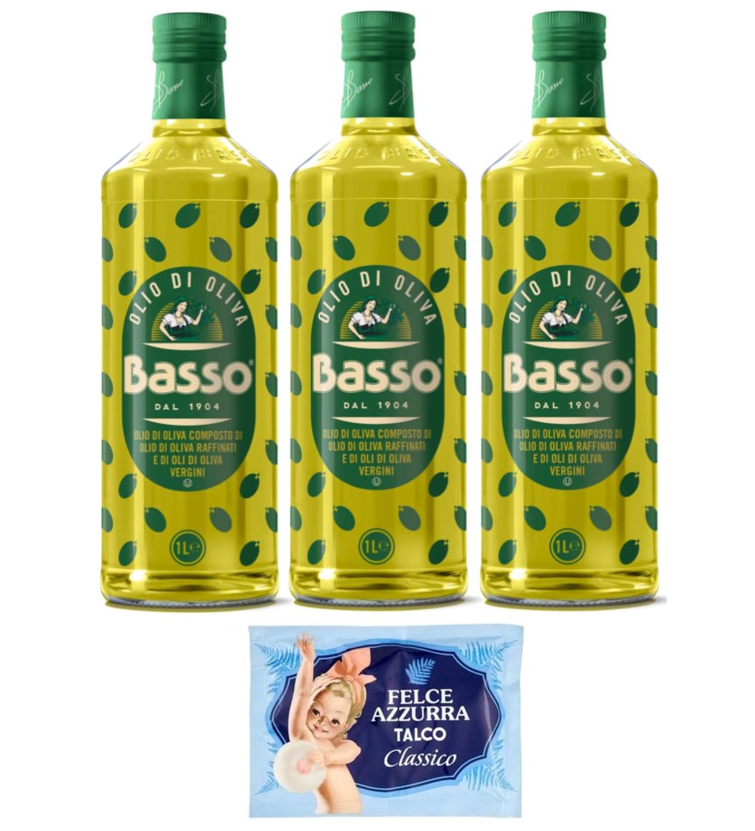 3 x Basso Olio di Oliva Olive Oil Super for Frying 1 Litre Glass Bottles + 1 x Free Felce Azzurra Talcum Powder 100 g Bag - Buy Online on GoSupps.com