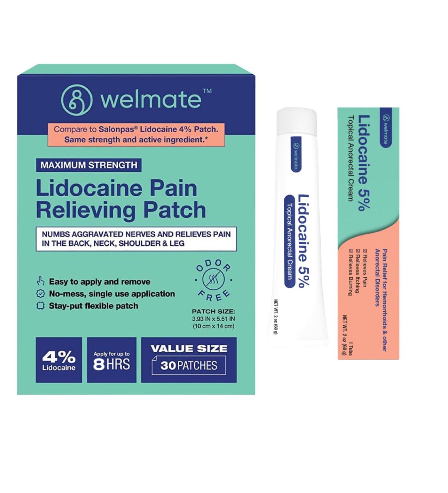 WELMATE Ultimate Pain Relief Duo: 4% Lidocaine Numbing Patch (30 Ct) & 5% Lidocaine Cream (2 Oz) | Maximum Strength Topical Analgesic Kit - Buy Online on GoSupps.com