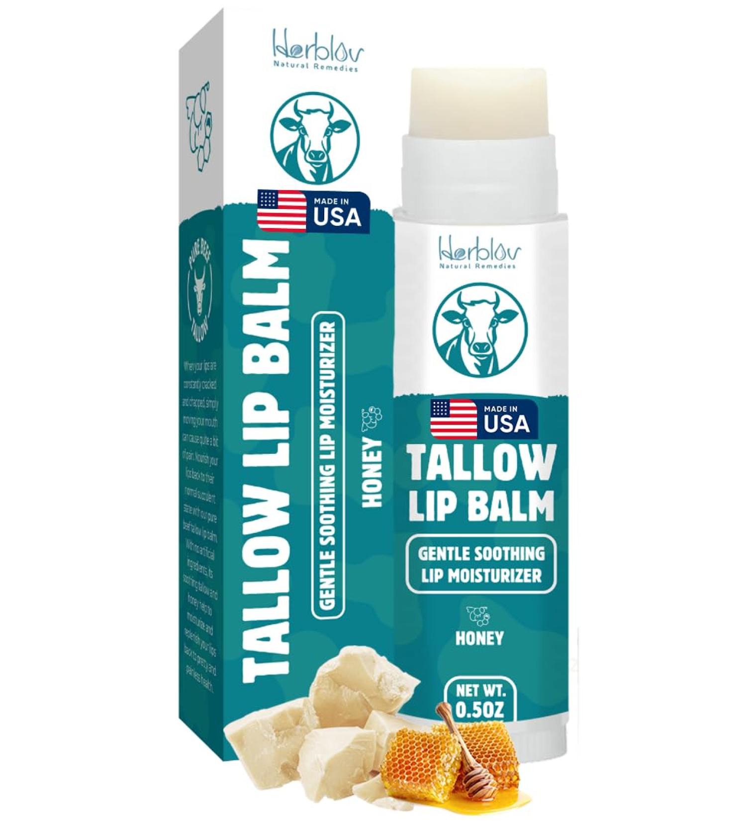 Beef Tallow Lip Balm Natural Tallow Beeswax Chapstick Hydrating Moisturizer Grass Fed Bison Tallow Balm Lip Care Soothes Chapped Dry Lips Sensitive Skin Long Lasting & Vitamin Rich USA-Made - Buy Online on GoSupps.com