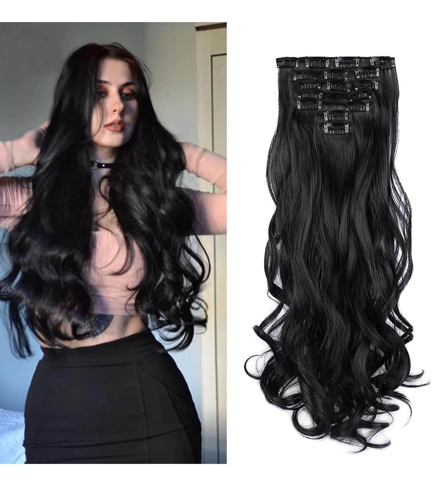 22 Natural Black Wavy Clip In Hair Extensions - 7 PCS Thick Soft Synthetic Fiber Hairpieces for Women - Full Head Invisible Clips - 22 Inch (Pack of 7) - 1B Dark Black - Buy Online on GoSupps.com