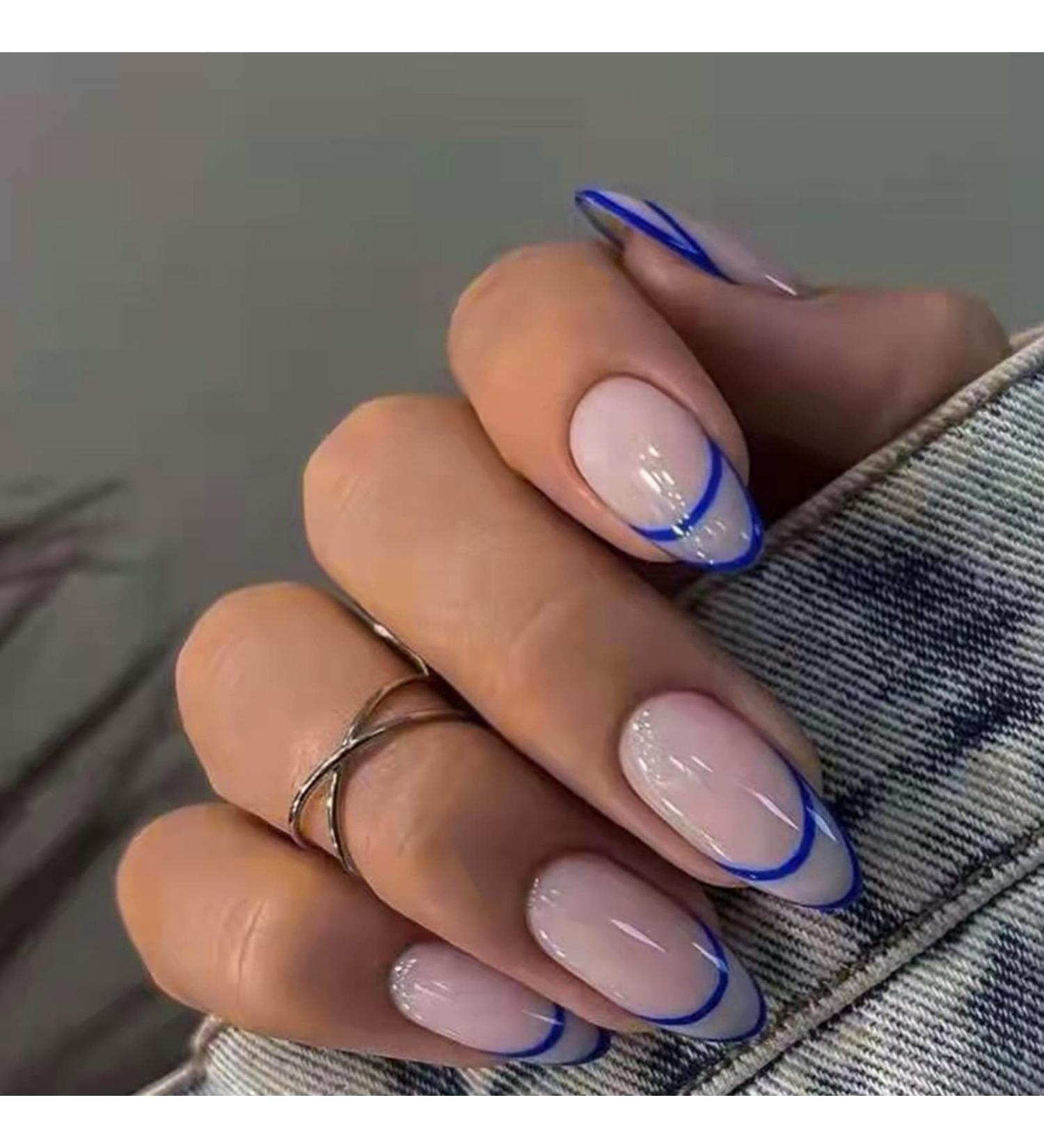 24Pcs Short Blue Line Almond Press on Nails - Glossy Geometric French Tips for Women - Buy Online on GoSupps.com
